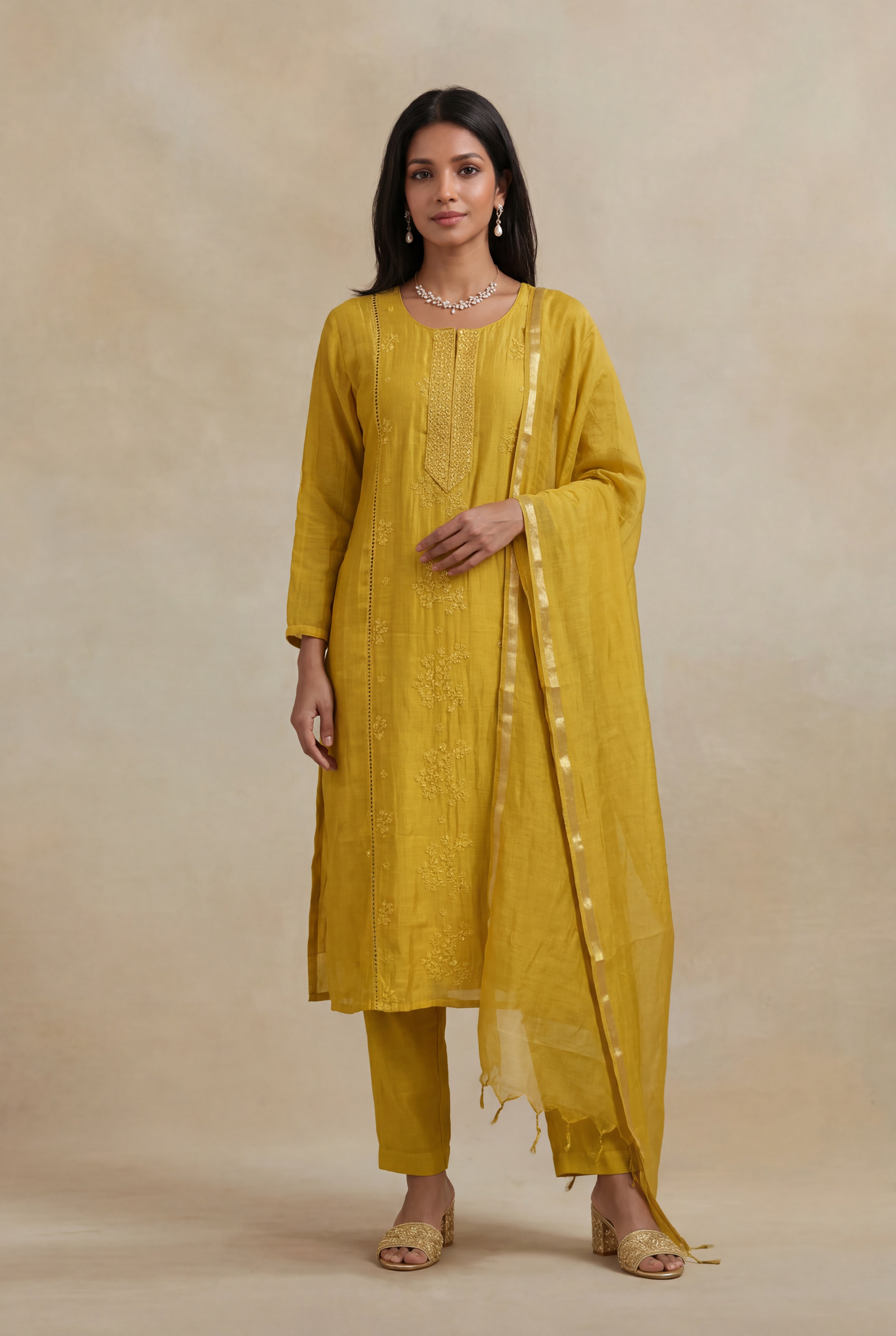 Mustard Yellow Mulmul Cotton Straight Cut Salwar Set