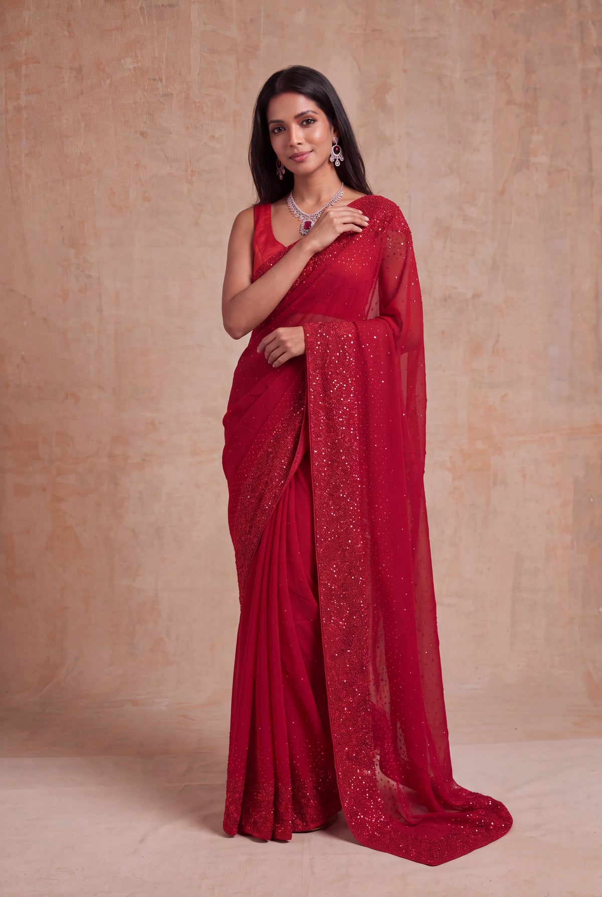 Red Crepe Saree with Sequin Work Border - Mokshaa