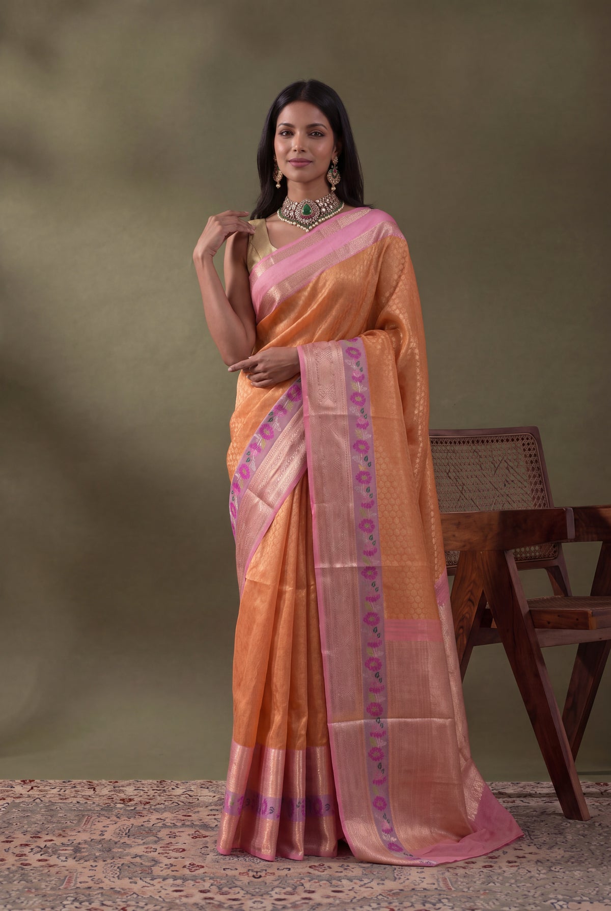 Peach Kanchipuram Kora Silk Fusion Saree - Mokshaa