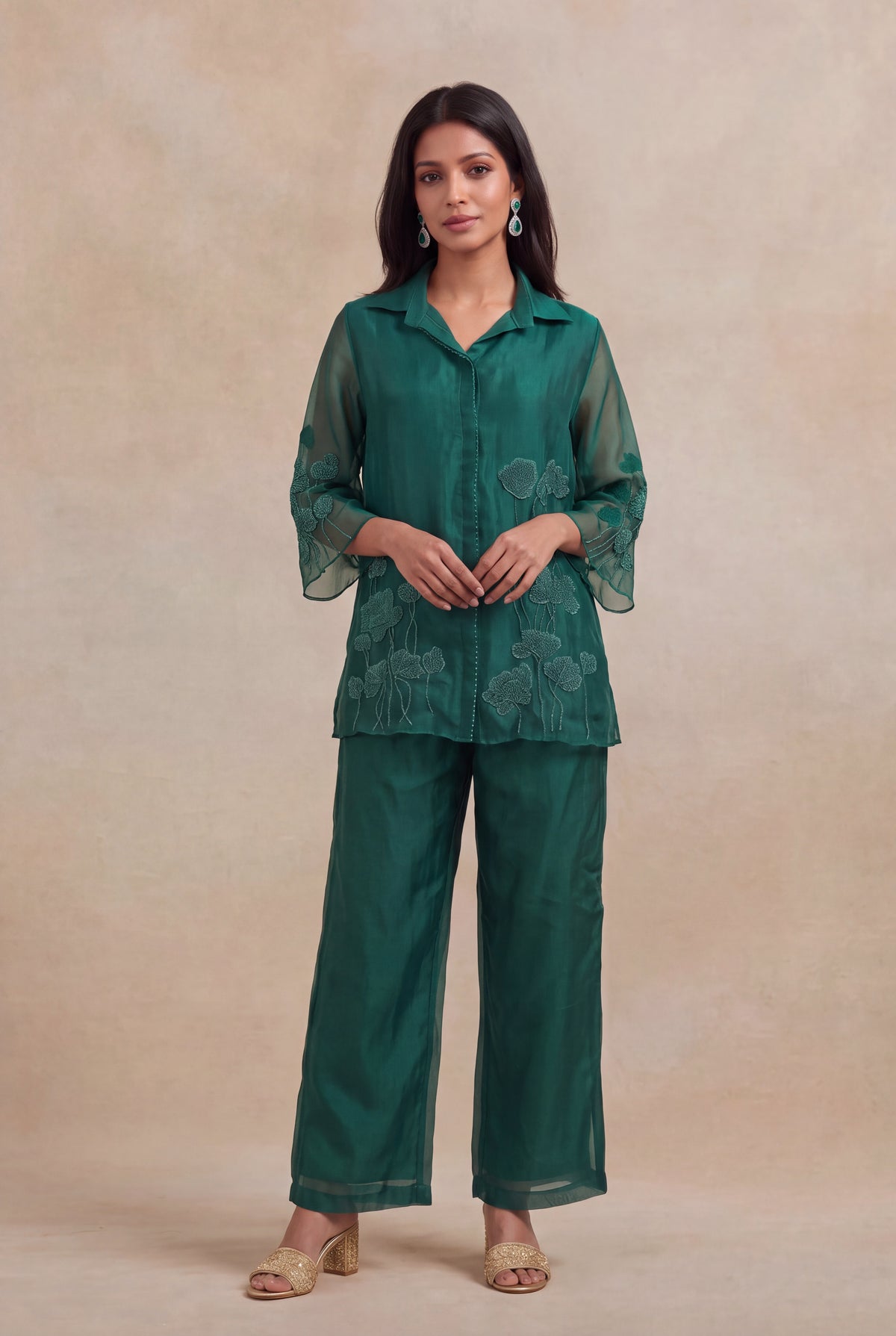 Emerald Green Organza Co-ord Set - Mokshaa