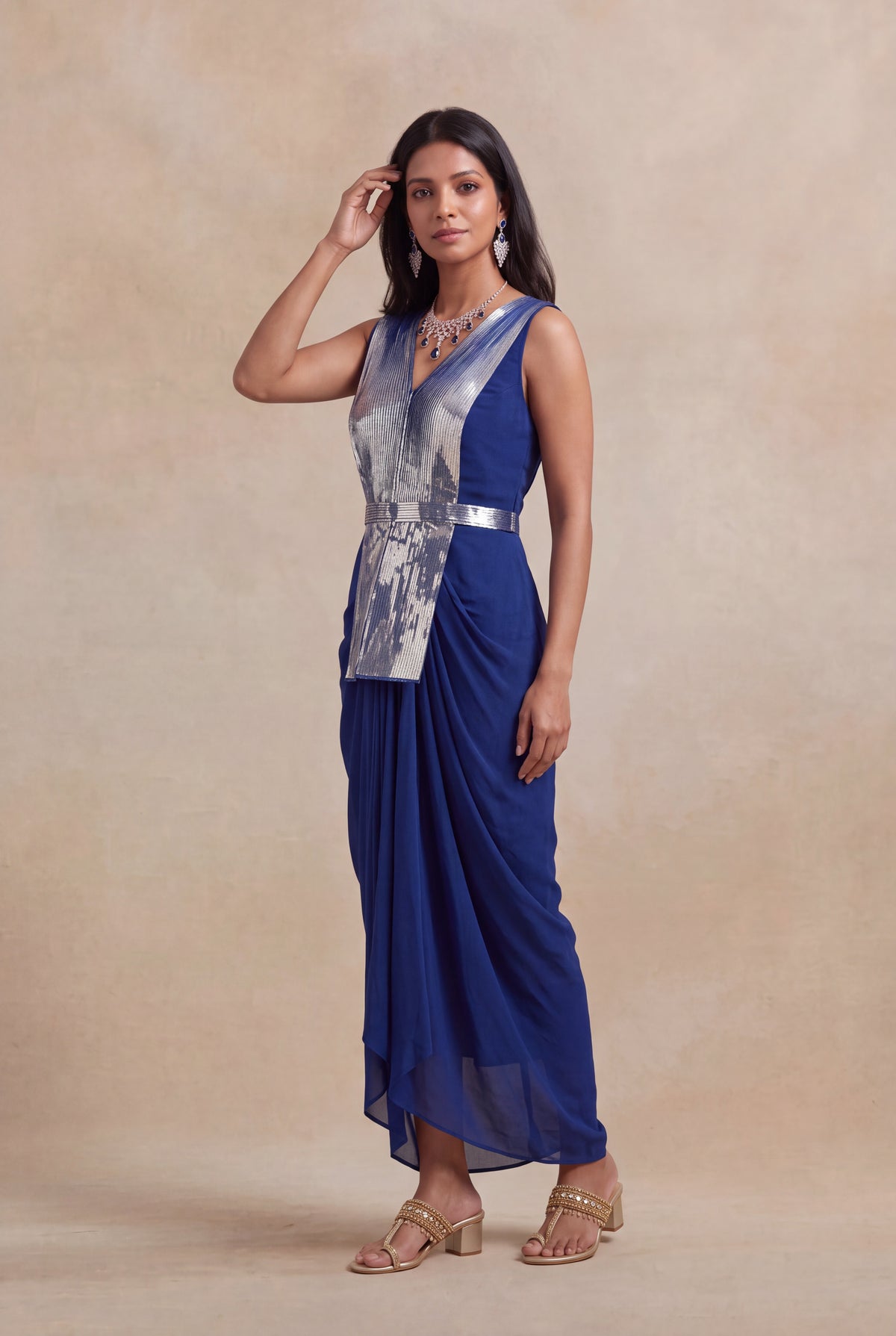 Royal Blue Indo-Western Drape Dress - Mokshaa