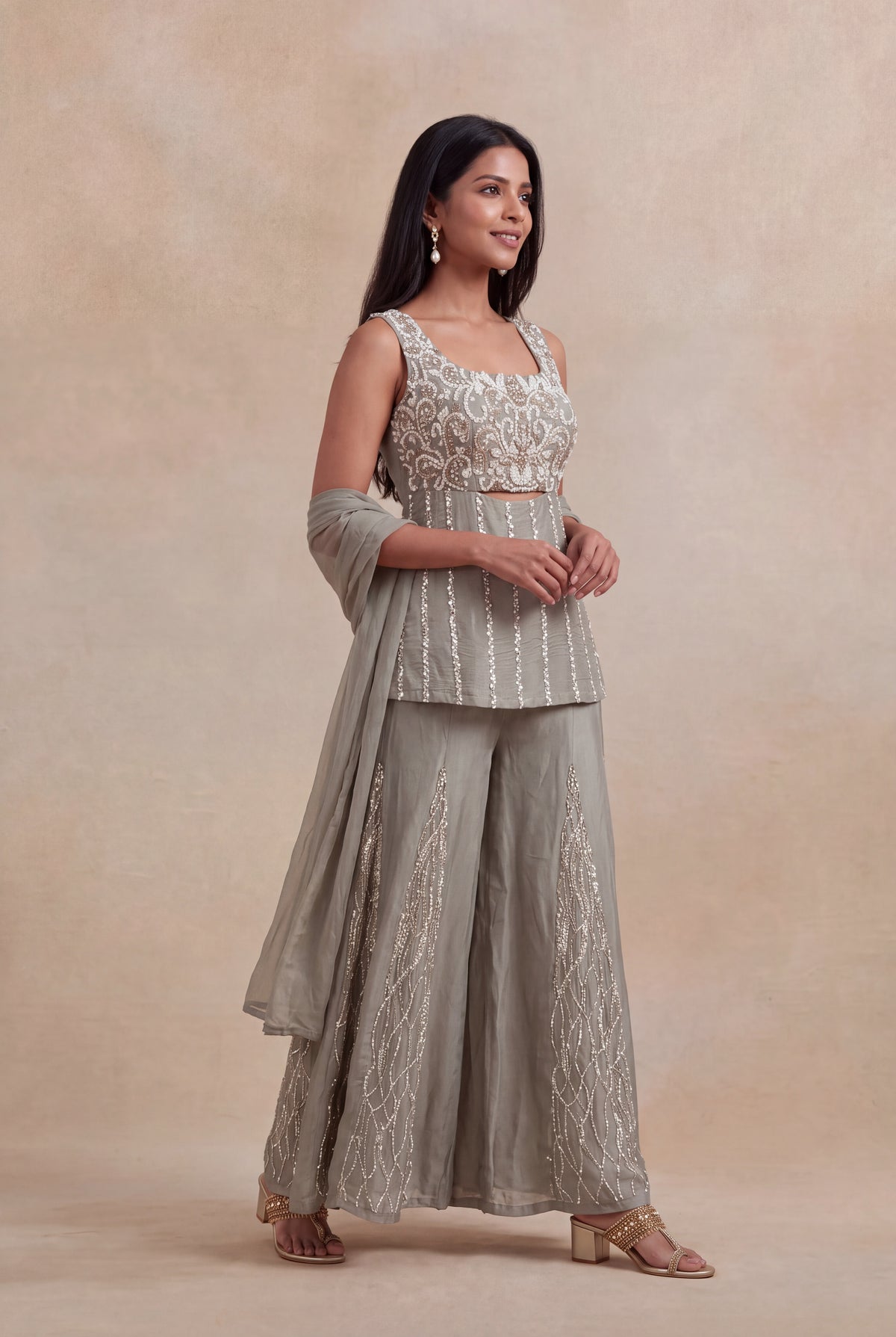 Grey Crepe Palazzo Set with Sequins & Katdana Work - Mokshaa