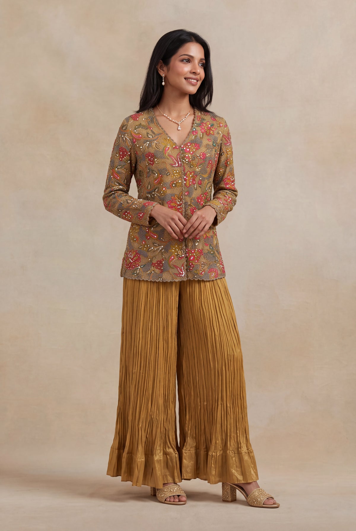 Mustard Yellow Printed Co-ord Set with Metallic Thread Embroidery - Mokshaa