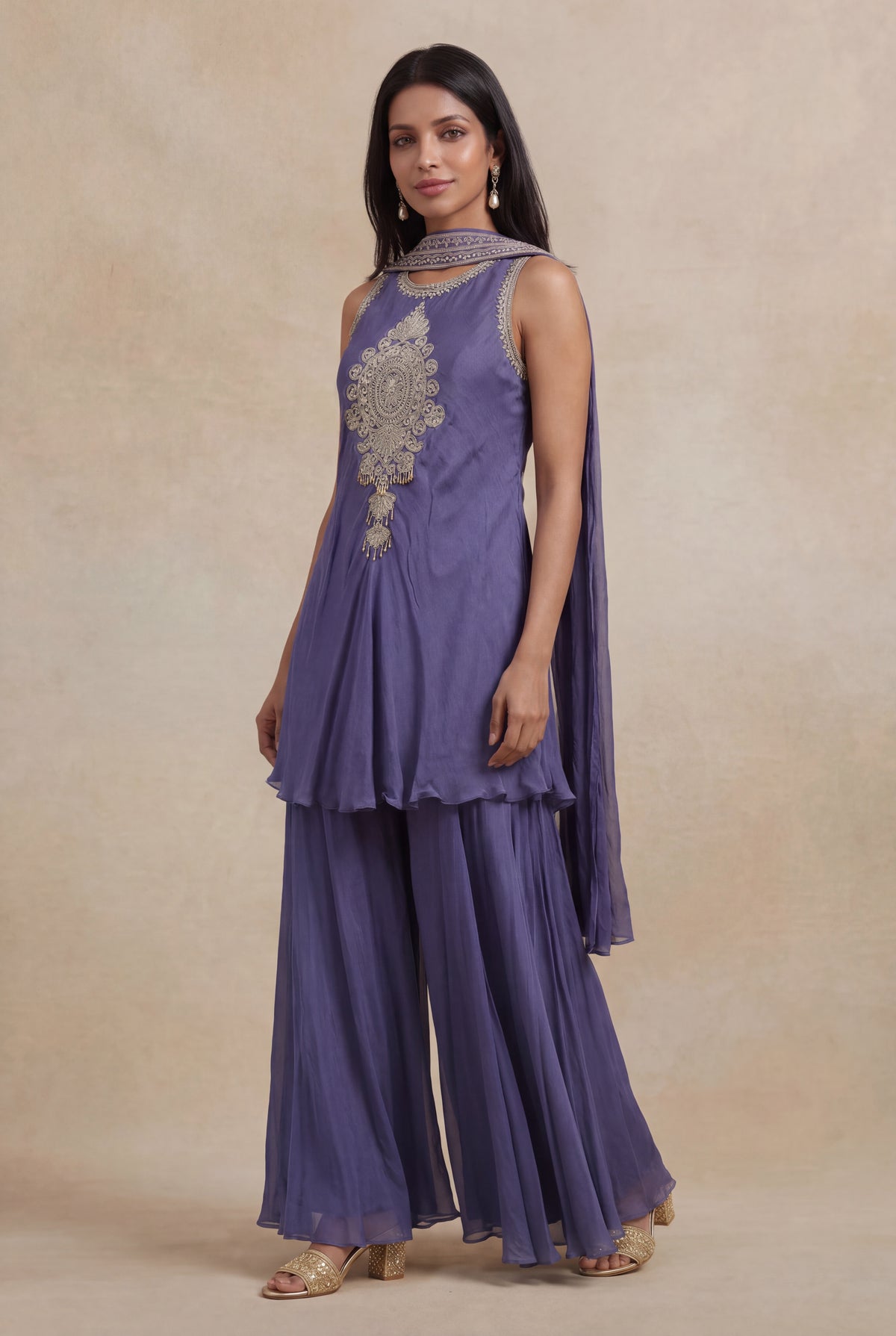 Slate Violet Chinon Katdana & Sequin Indo Western Set - Mokshaa