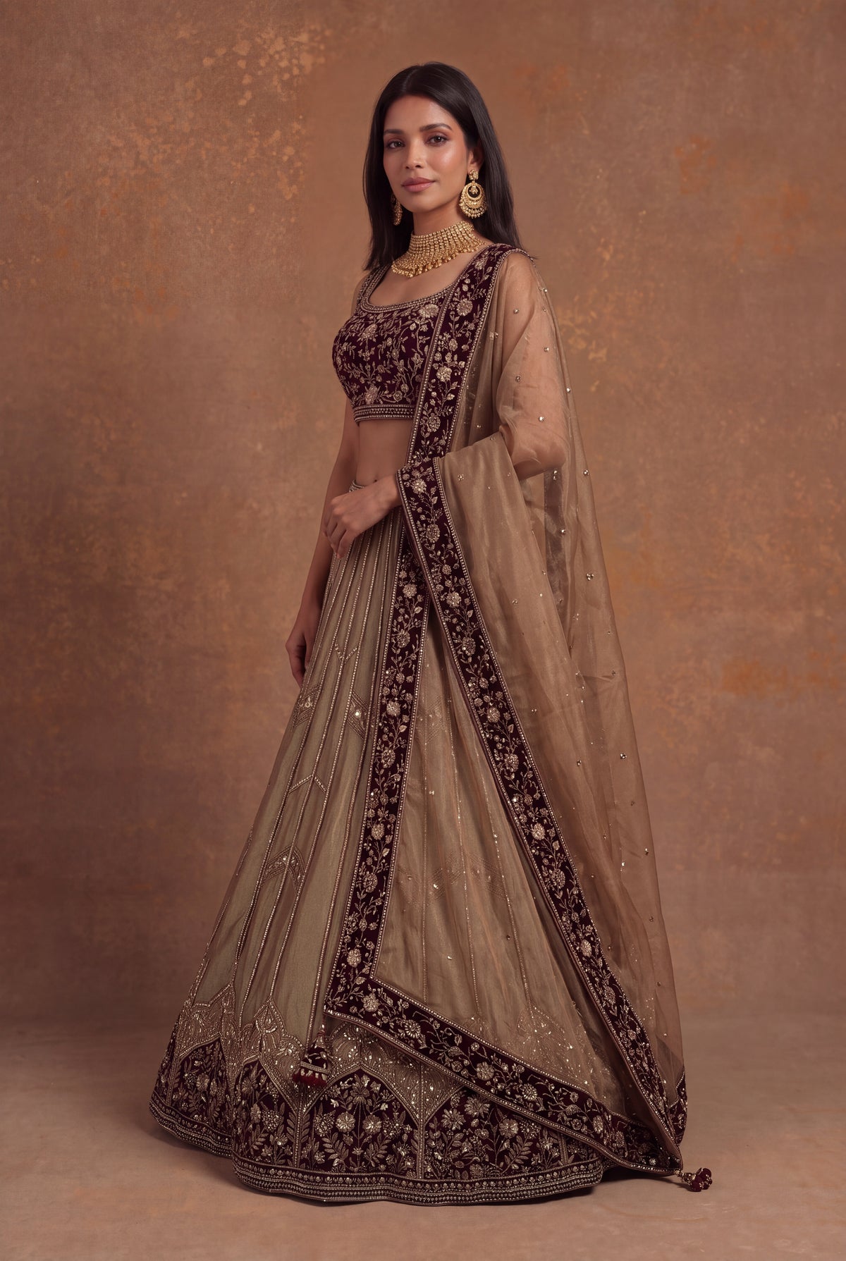 Tissue Lehenga with Maroon Velvet Blouse - Mokshaa