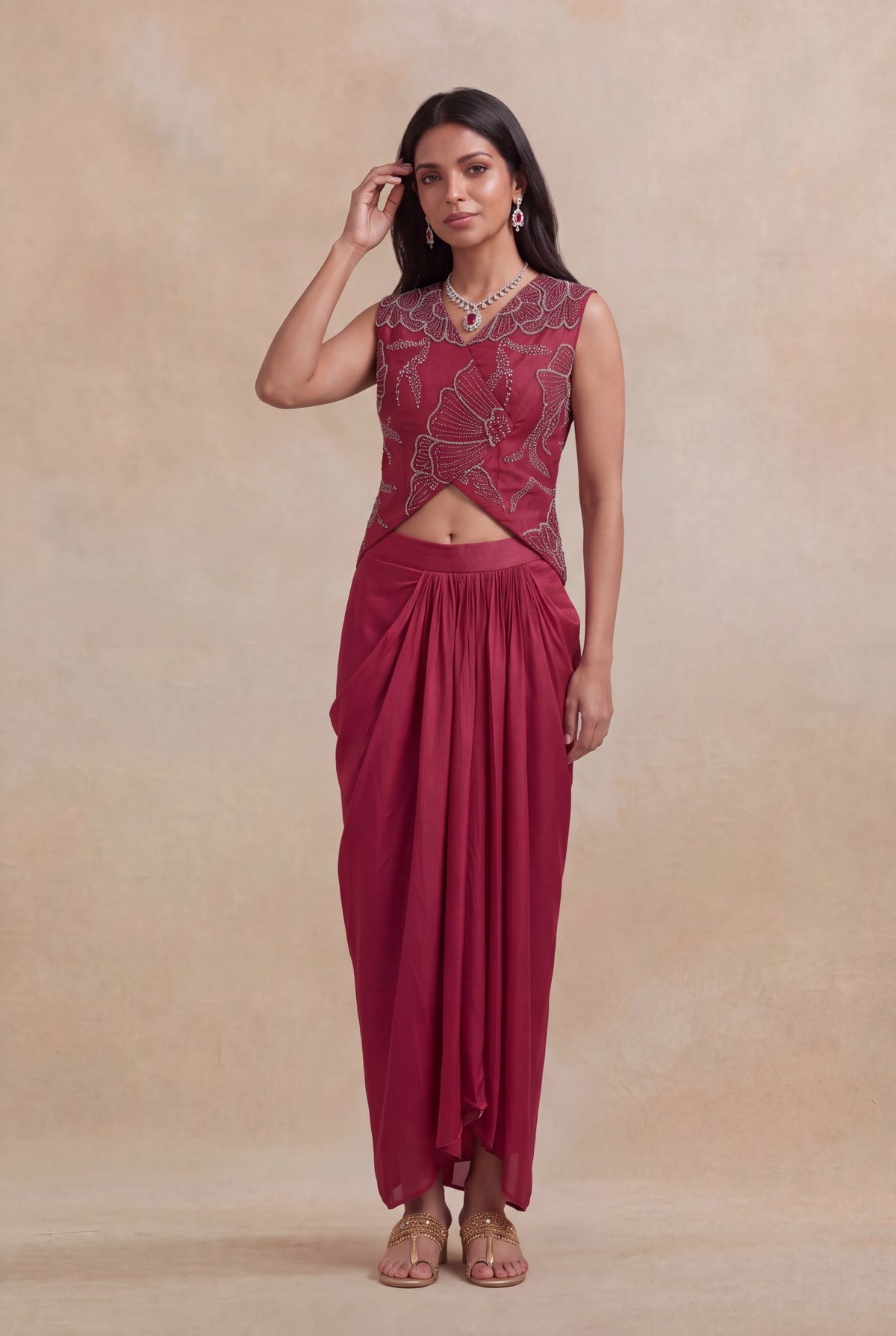 Wine Indo-Western Crop Top & Drape Skirt - Mokshaa
