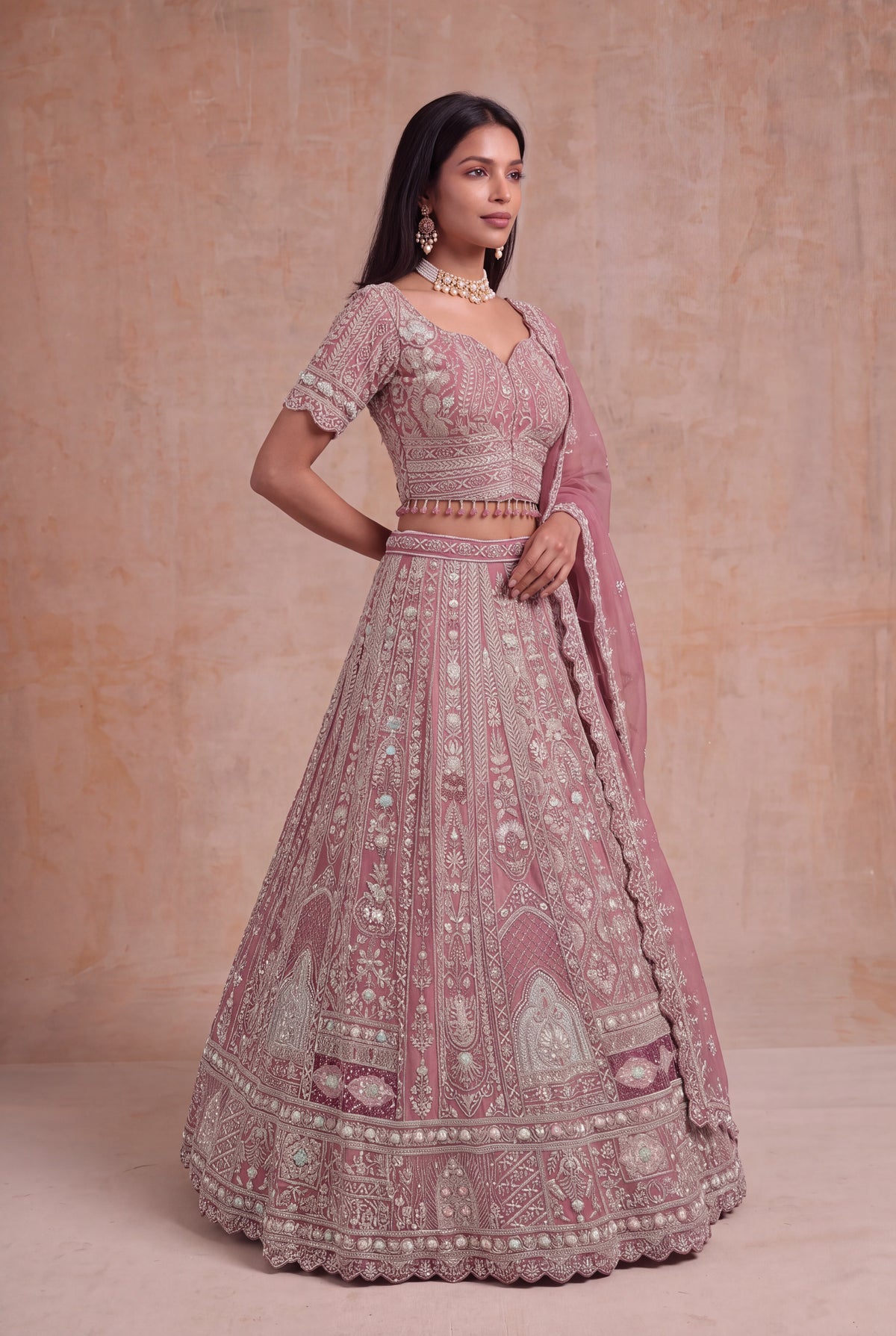 Dusty Rose Raw Silk Lehenga - Mokshaa