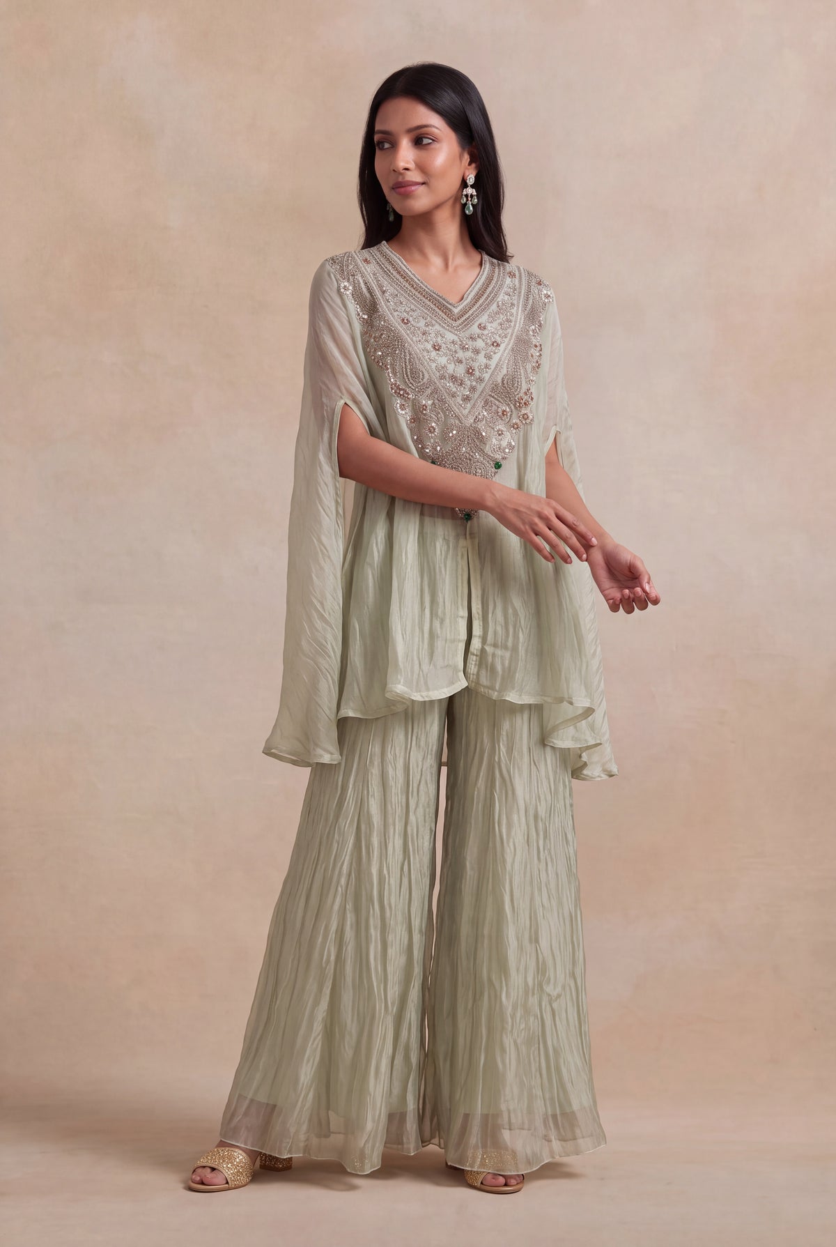 Sage Green Crush Tissue Zardozi Cape Set - Mokshaa