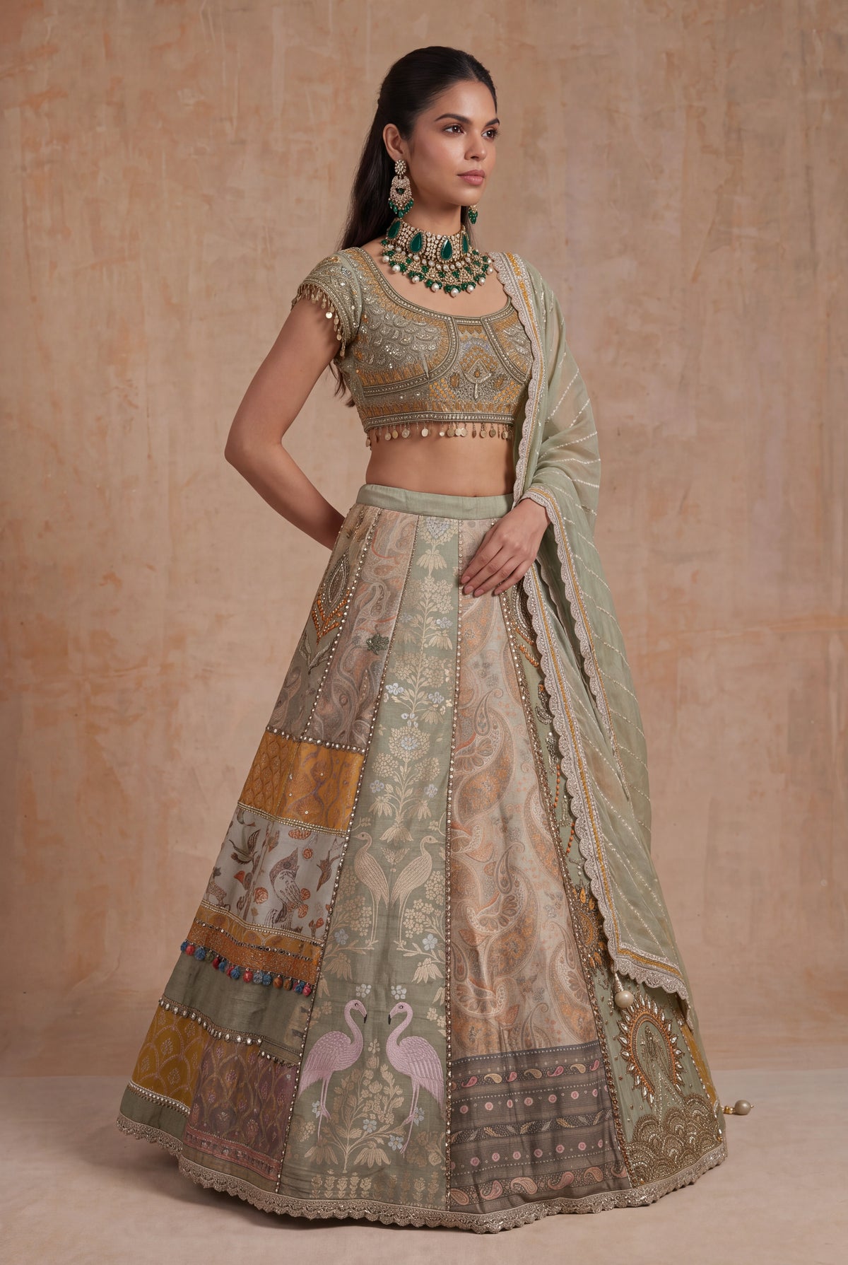 Light Green & Mustard Banarasi Printed Lehenga - Mokshaa