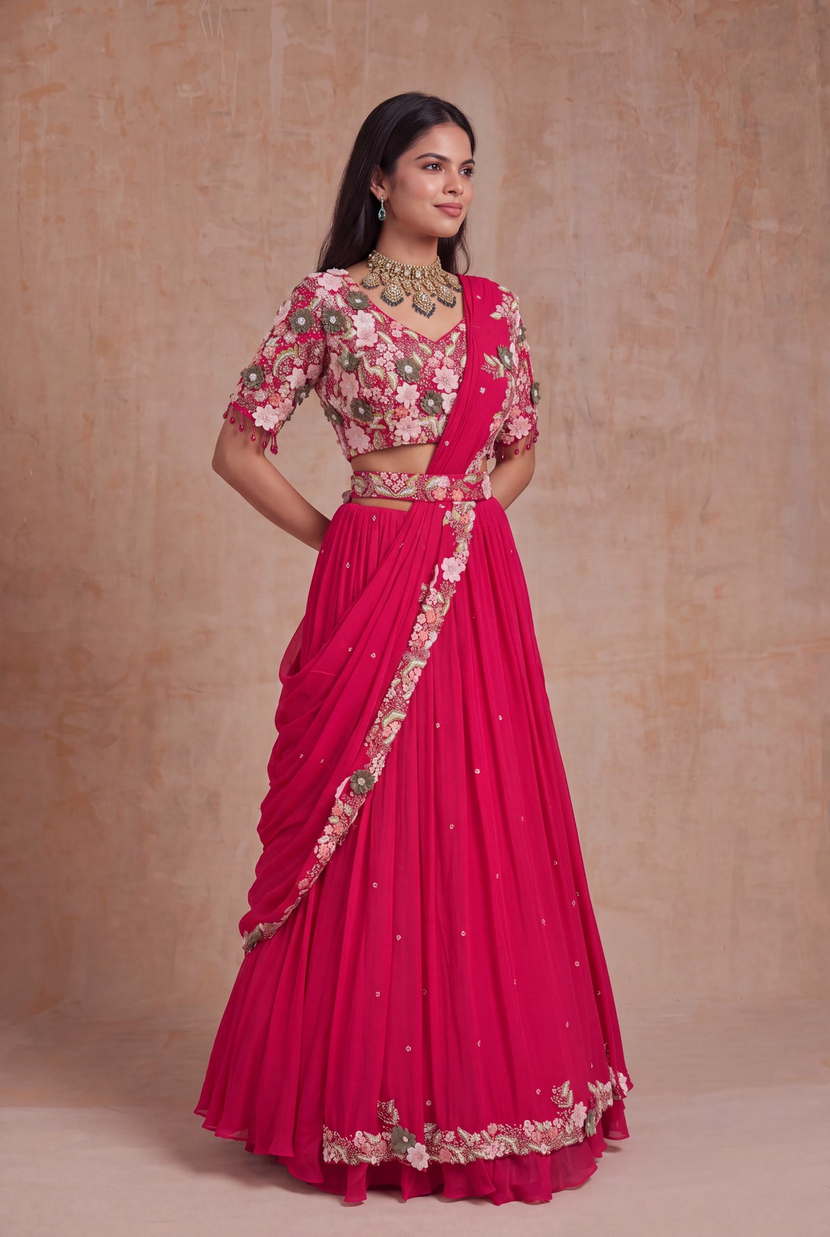 Pink Crepe Half Saree Lehenga with 3D Floral Work - Mokshaa