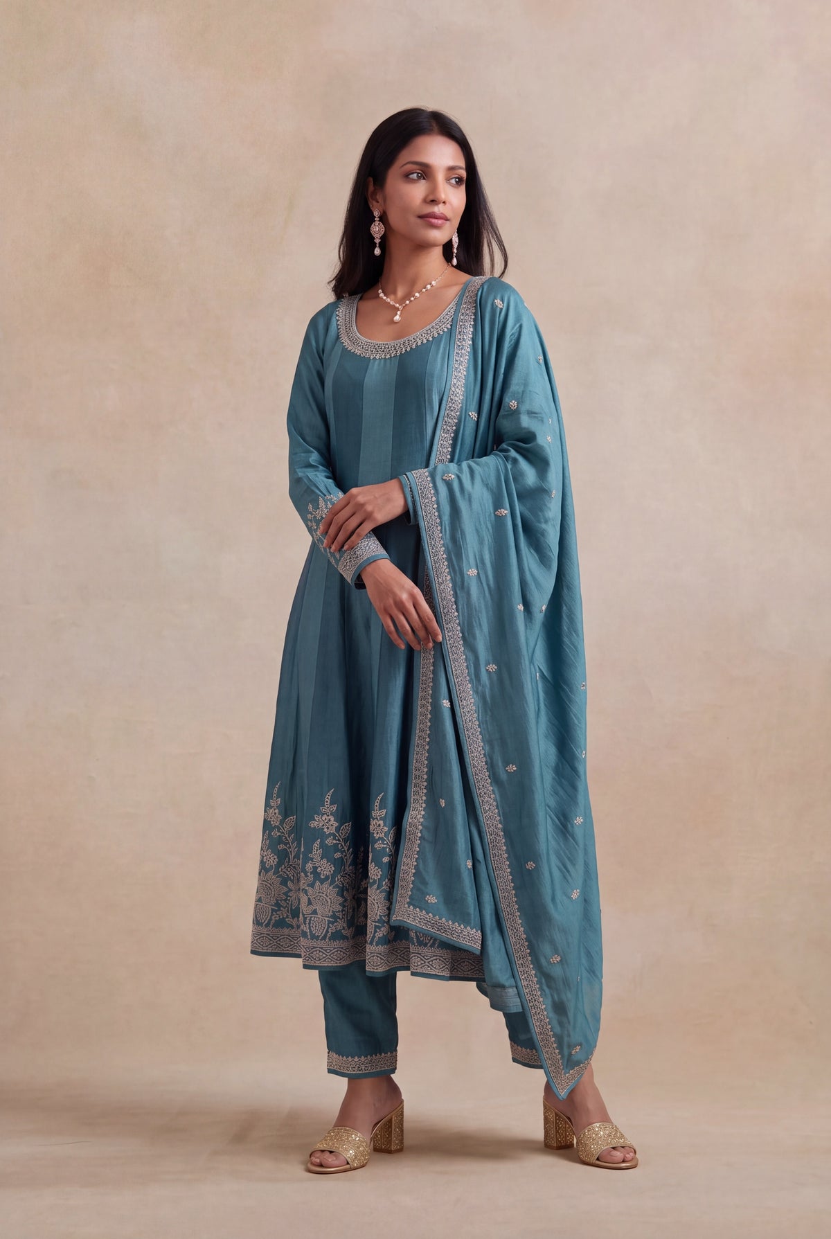 Teal Blue Raw Silk Anarkali Set - Mokshaa