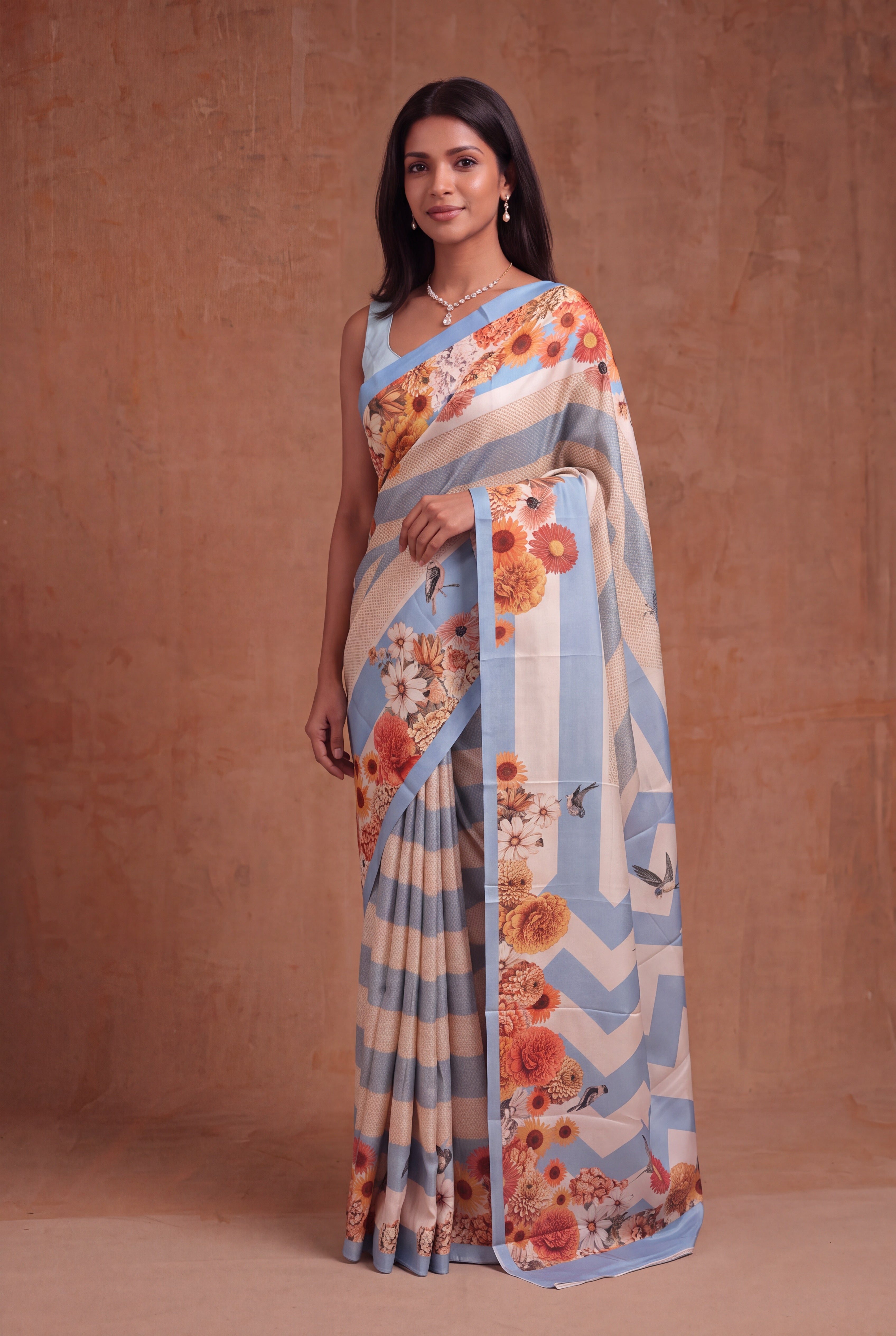 Ice Blue Digital Print Kanchivaram Silk Saree
