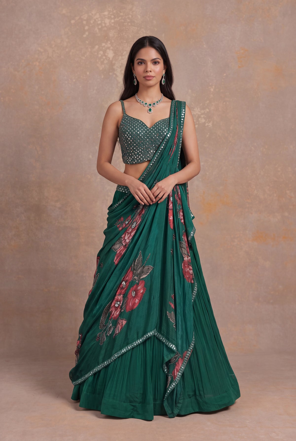 Bottle Green Georgette Draped Lehenga - Mokshaa