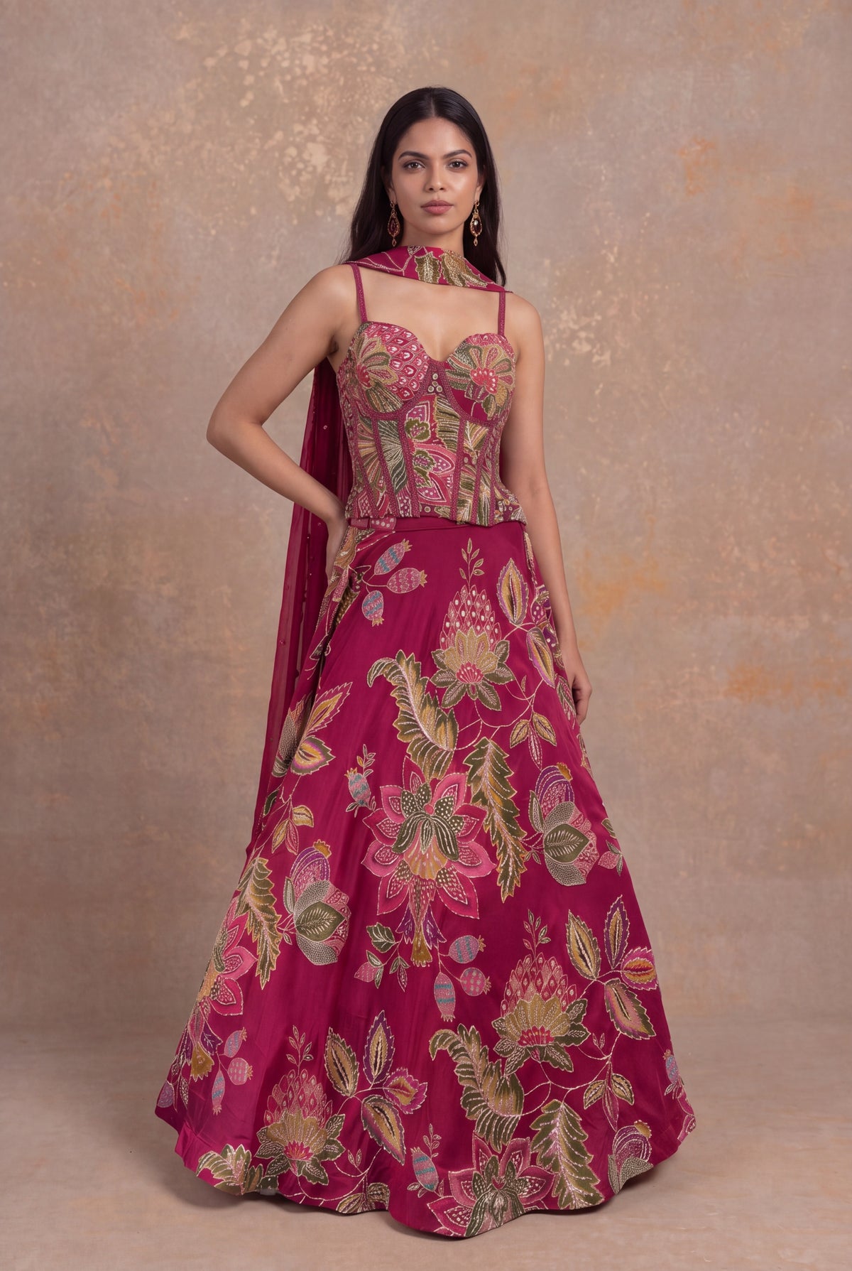 Rani Pink Organza Floral Embroidered Corset Lehenga - Mokshaa