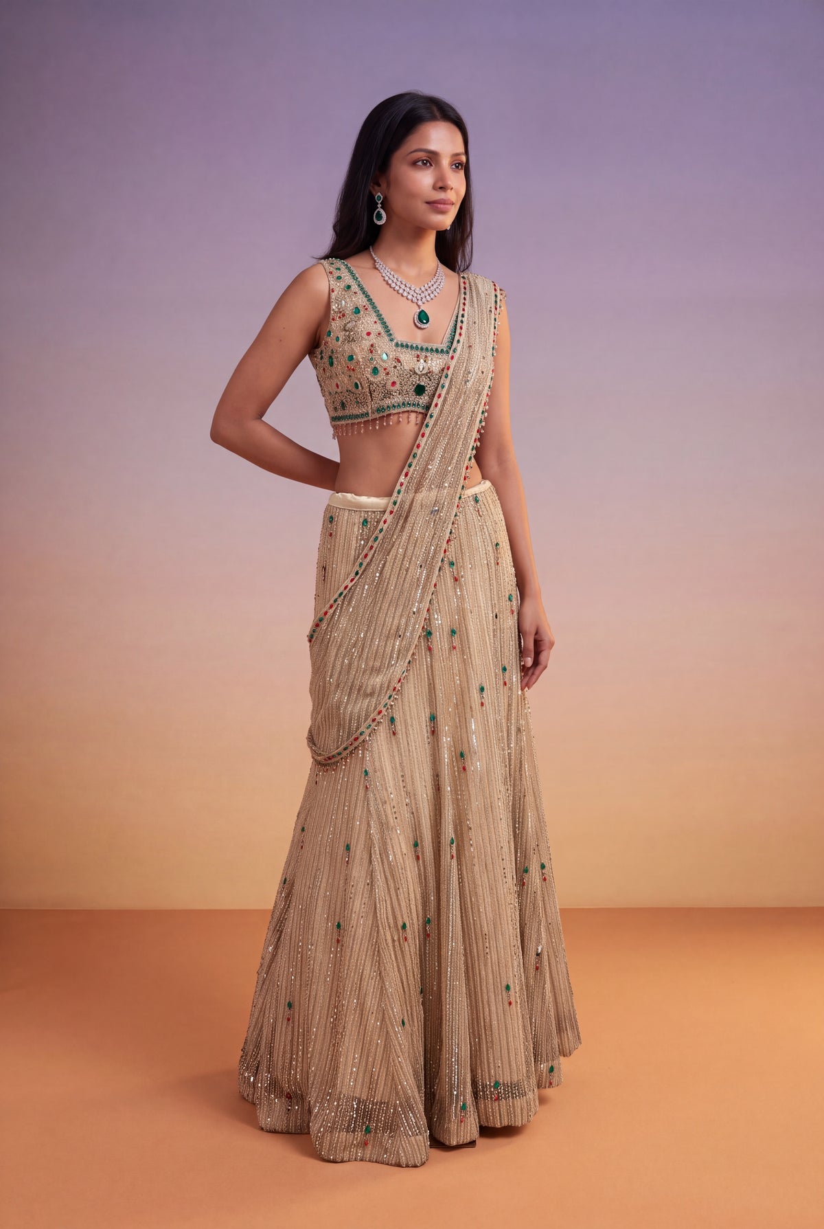 Gold Net Mermaid Lehenga with Jewel-Stone & Kutdana Embroidery - Mokshaa