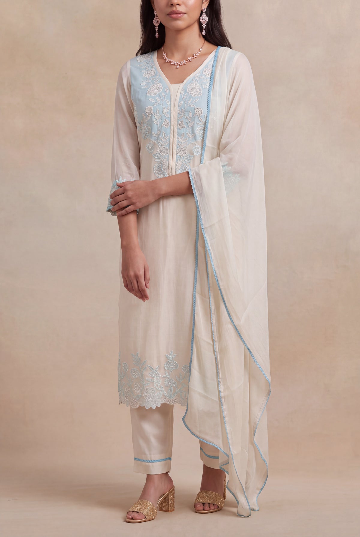 Ivory Mul Cotton Straight-Cut Salwar Set - Mokshaa