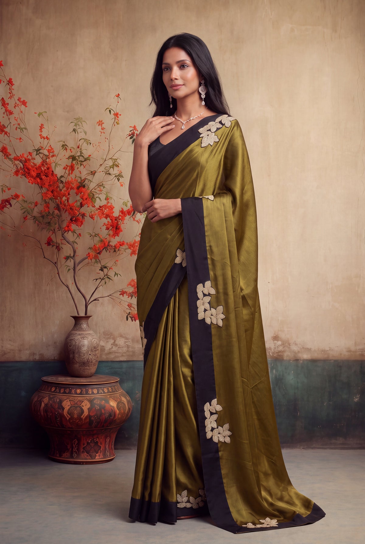 Olive Green Crepe Silk Saree - Mokshaa