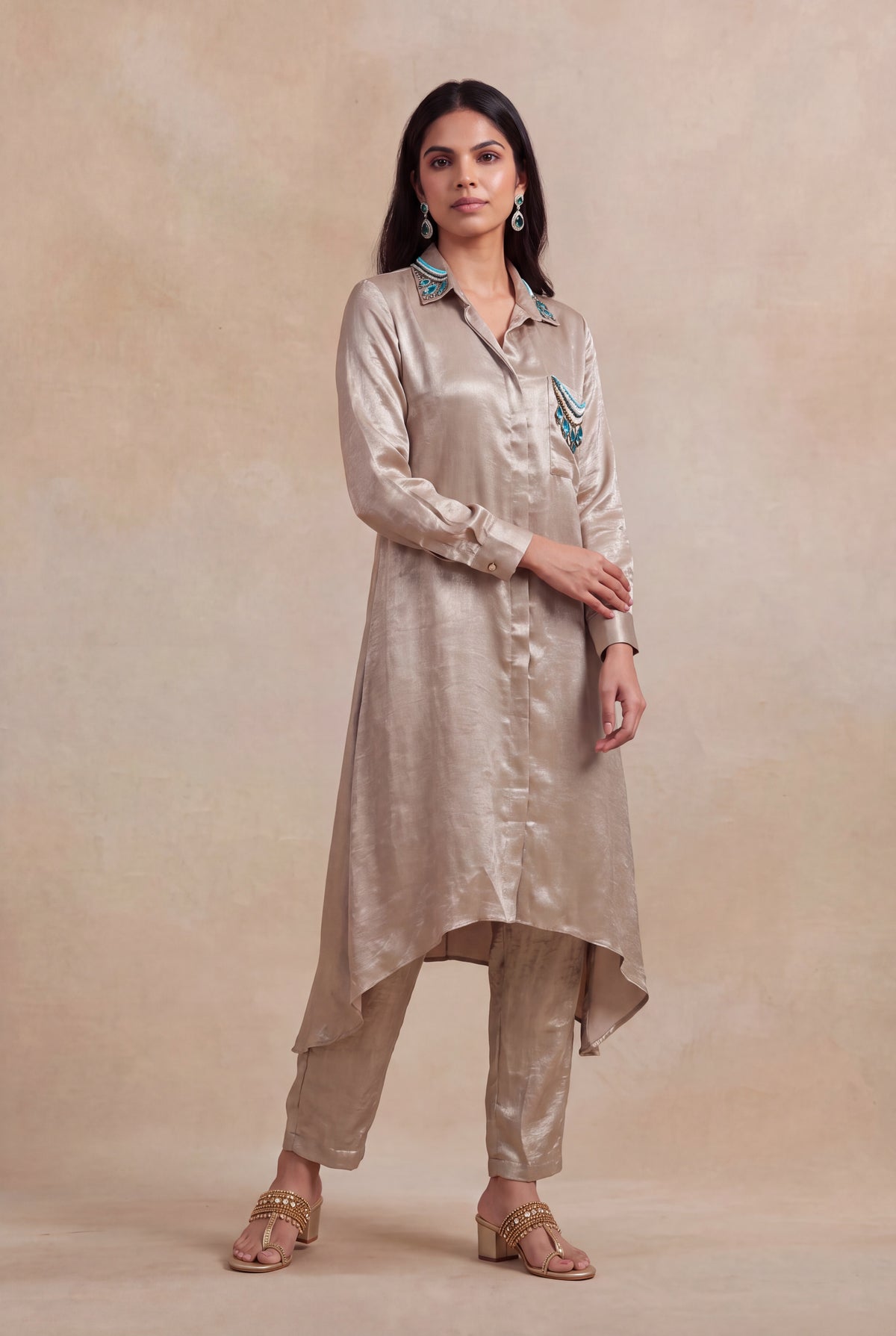 Champagne Shimmer High-Low Shirt Set - Mokshaa