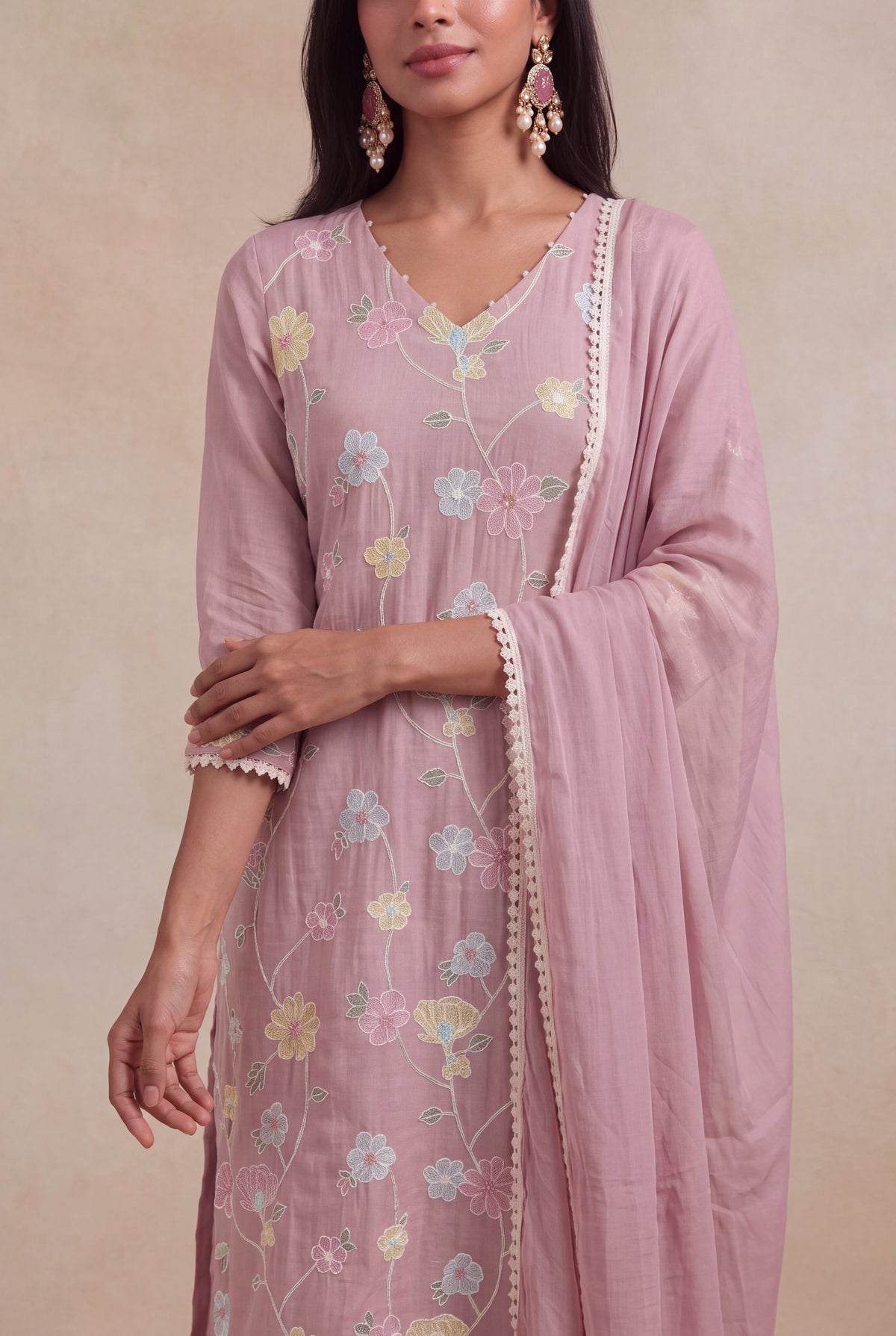 Dusty Rose Mul Cotton Embroidered Kurti Set - Mokshaa