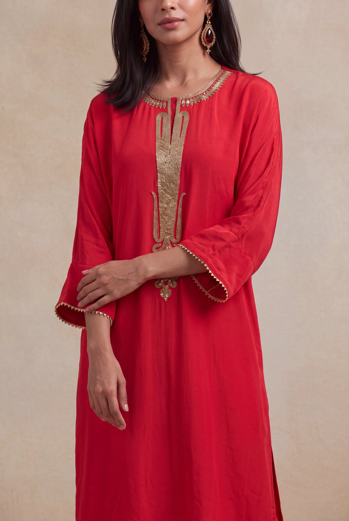 Red Satin Silk Kurti Set with Katdana Work - Mokshaa
