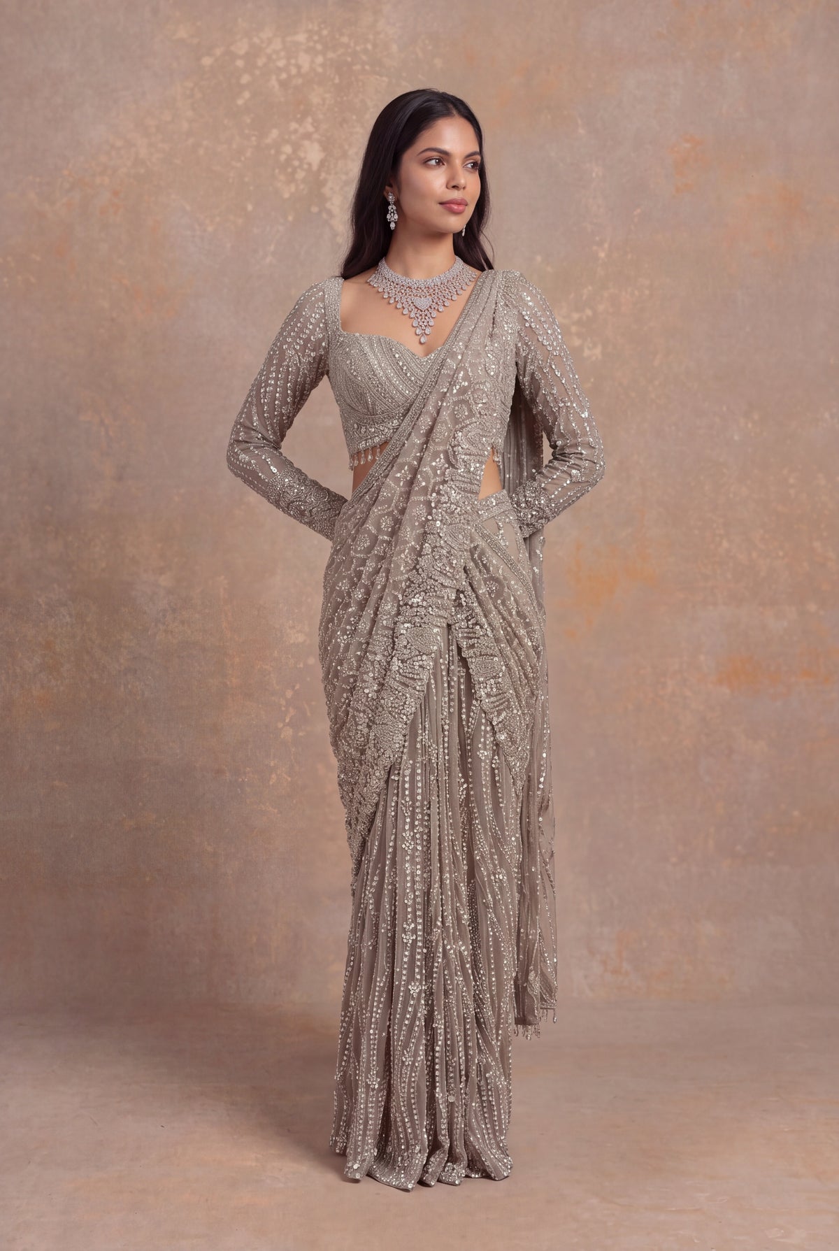 Beige Embellished Net Pre-Draped Saree - Mokshaa
