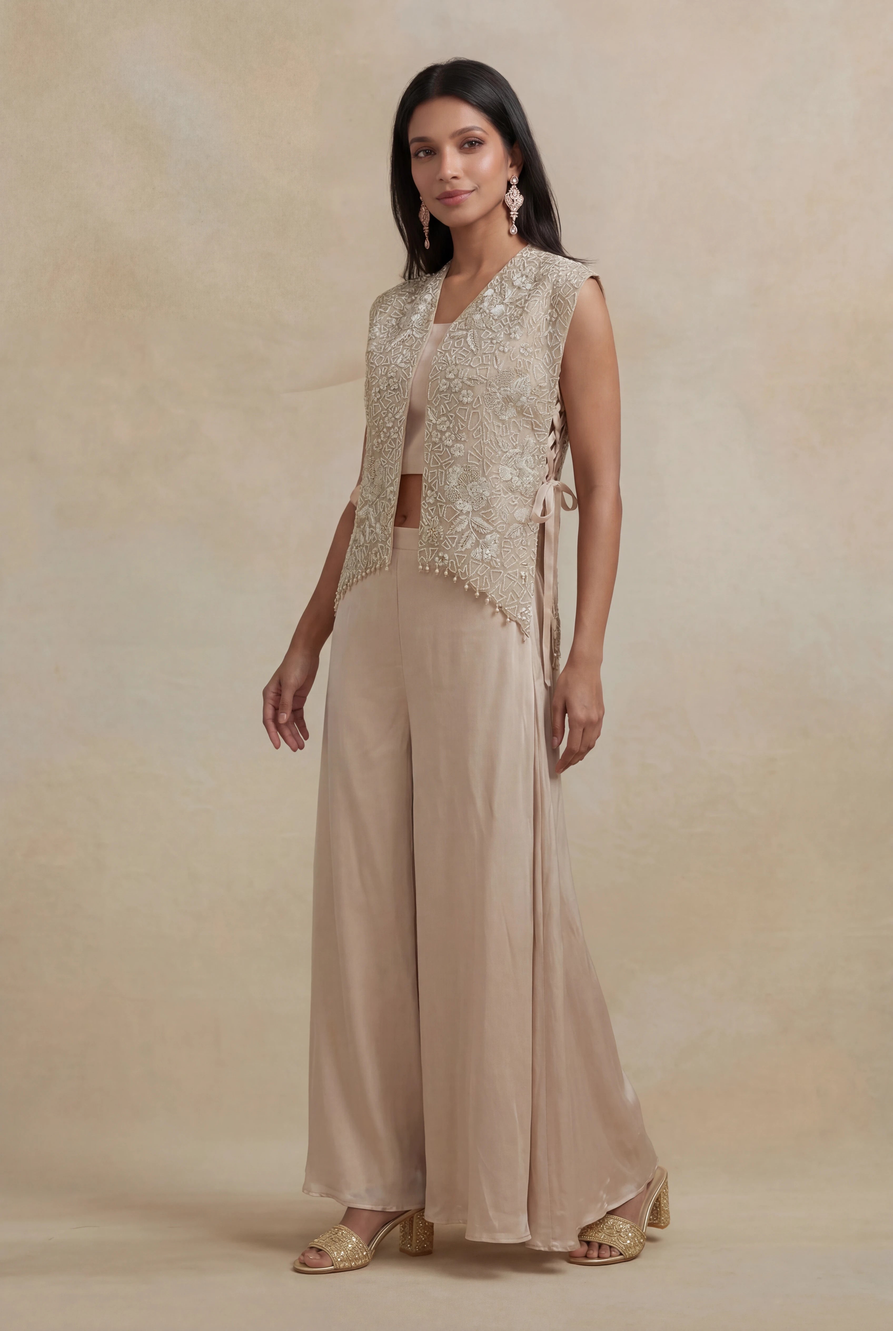 Champagne Beige Organza Indo-Western Co-Ord Set
