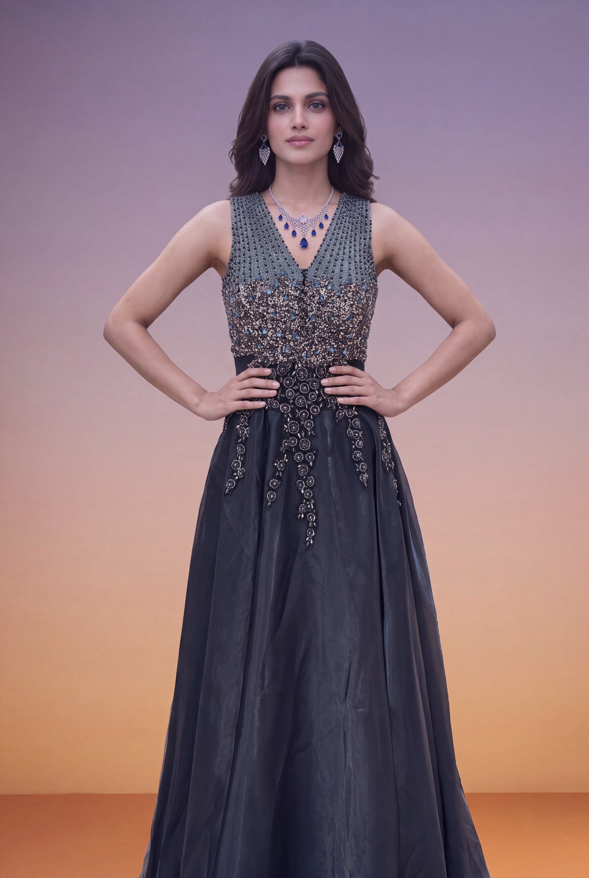 Slate Blue Organza Gown with Sequin & Cutdana Work - Mokshaa
