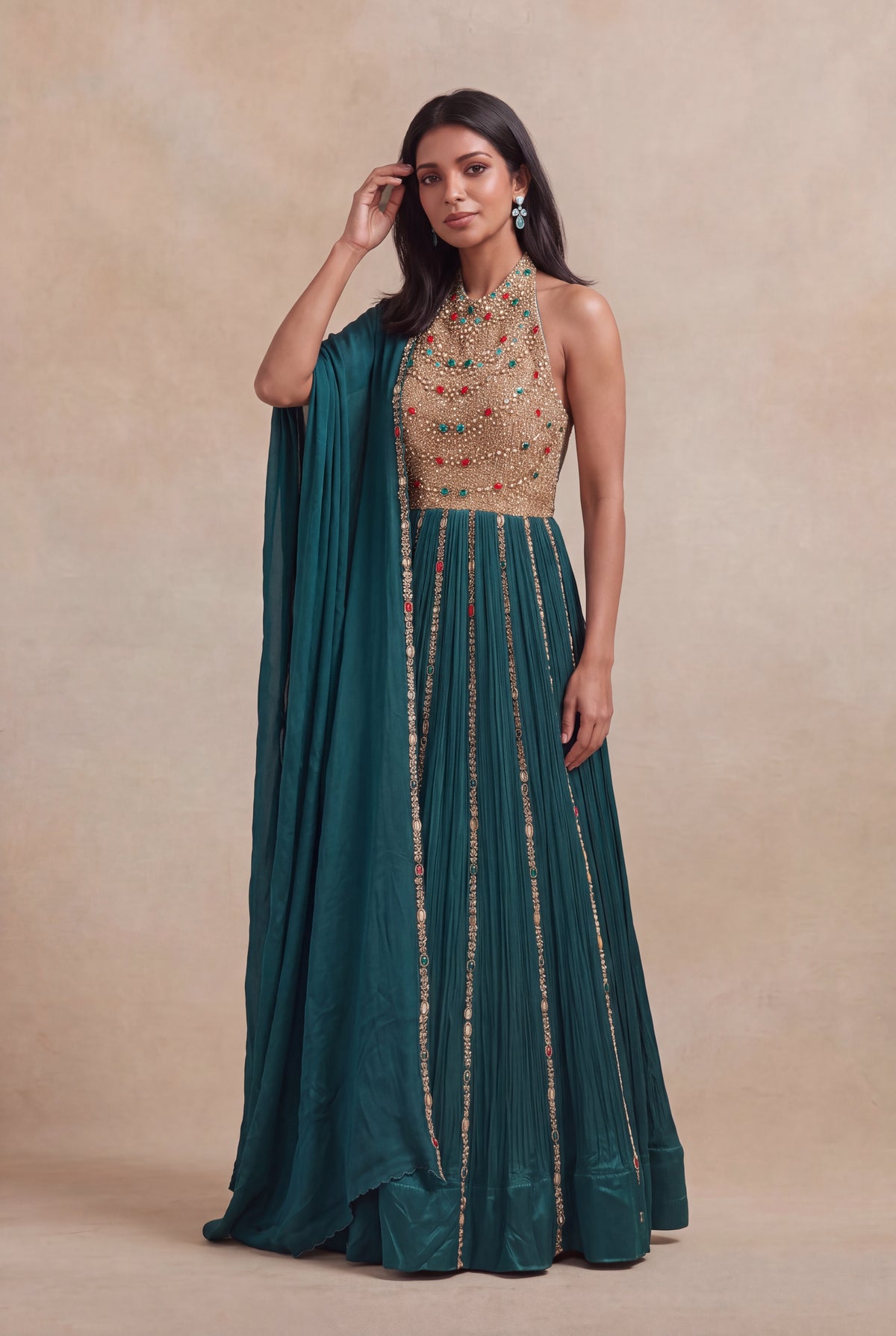 Teal Green Halter Gown with Multi-Stone Zari Embroidery - Mokshaa