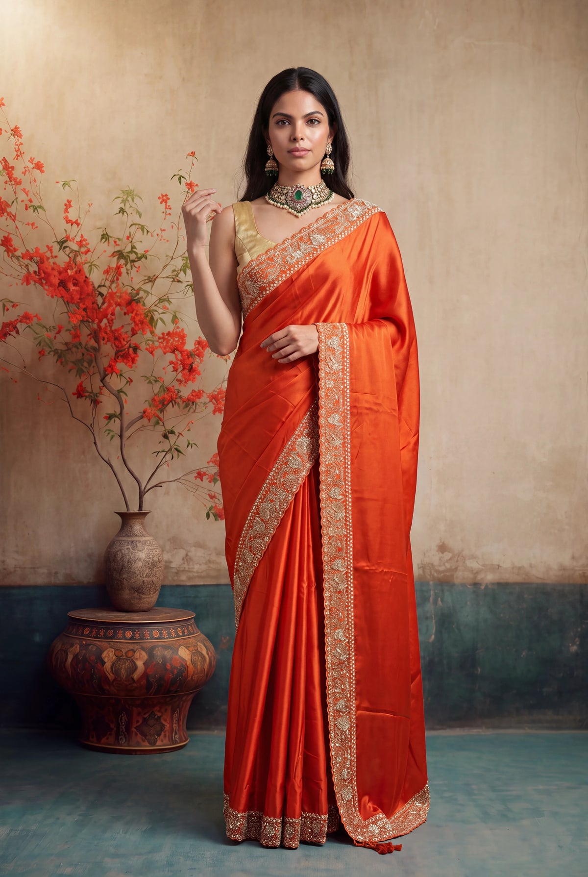 Orange Satin Silk Saree - Mokshaa