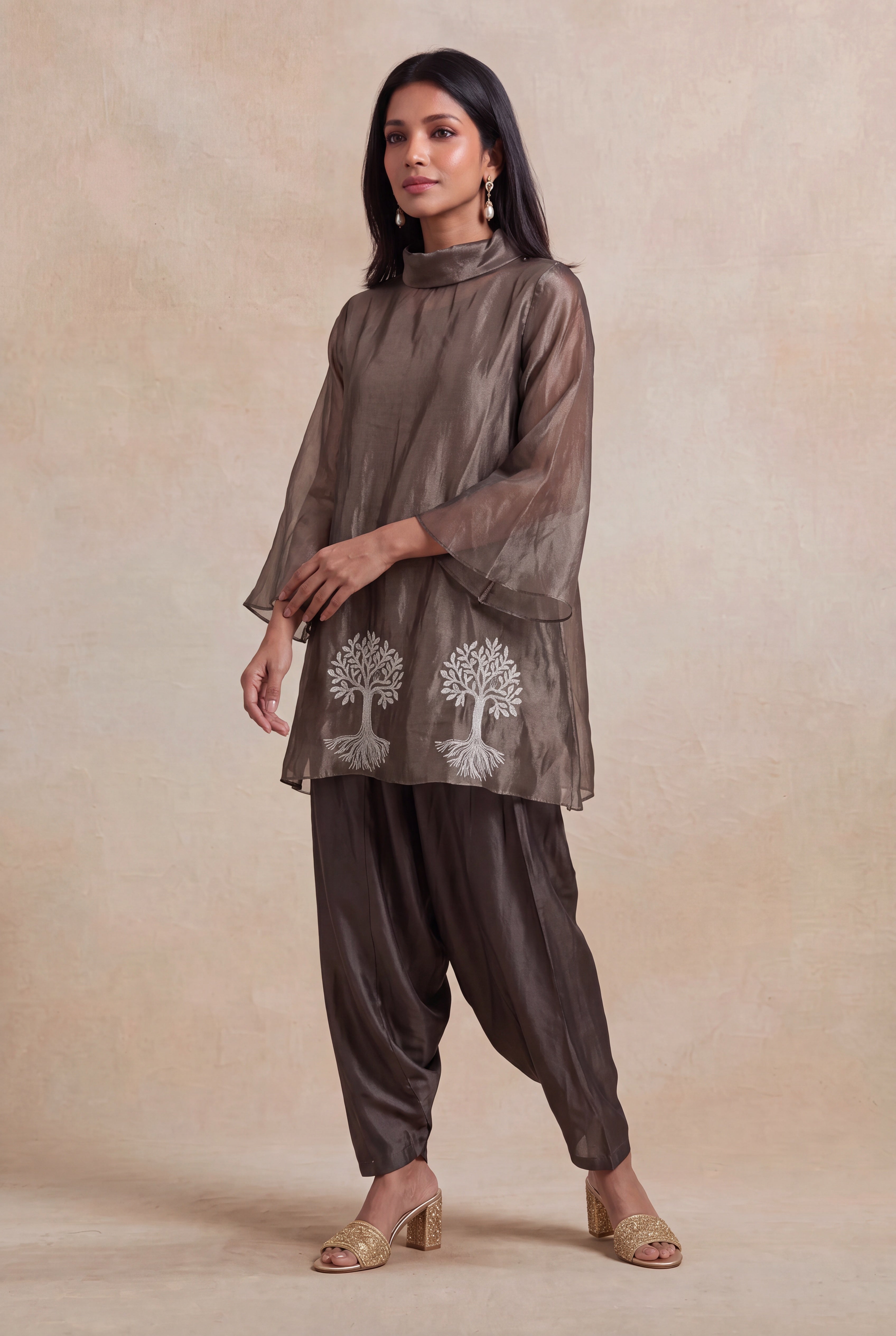 Taupe Tissue Indo-Western Co-Ord Set