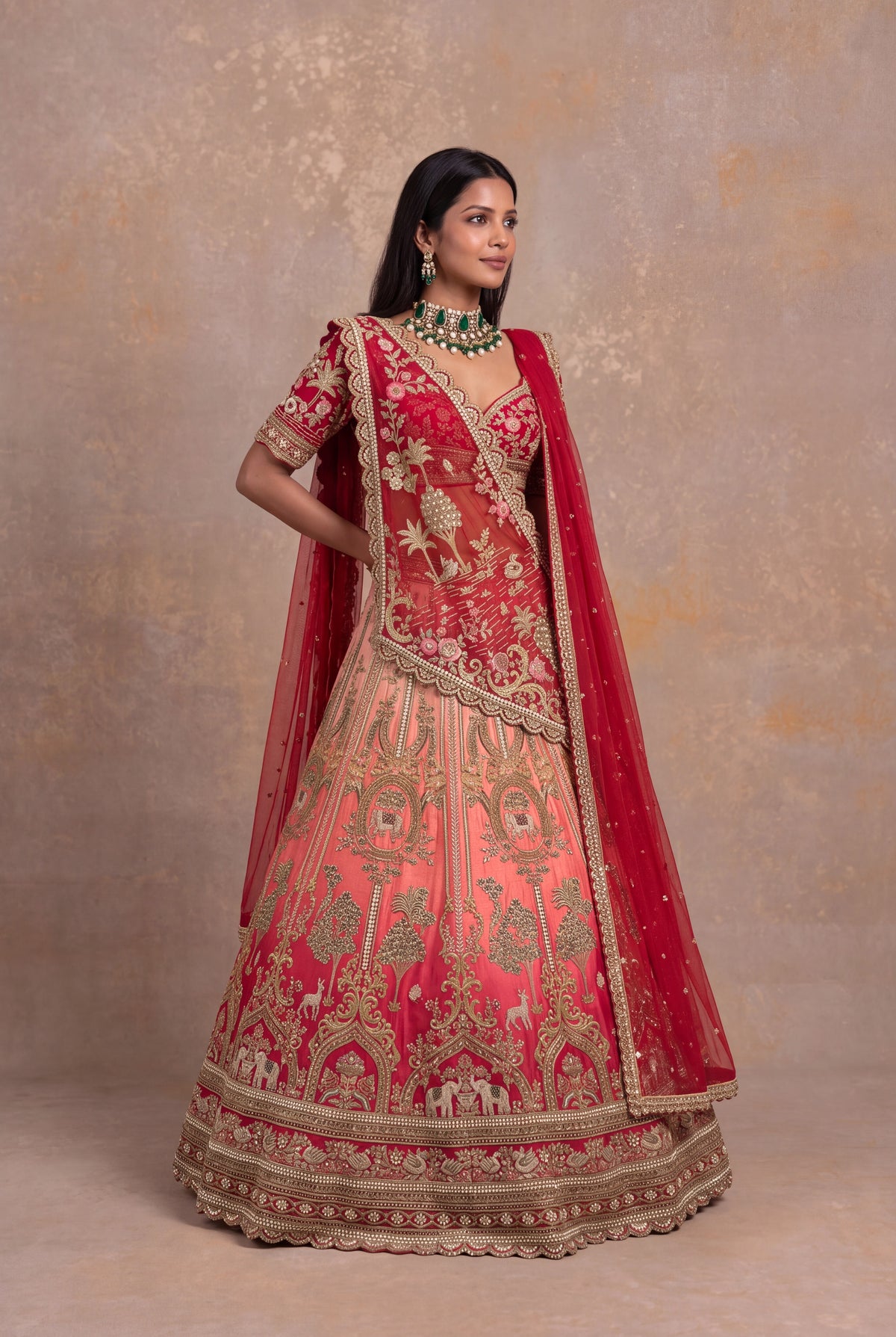 Red & Peach Silk Bridal Lehenga - Mokshaa
