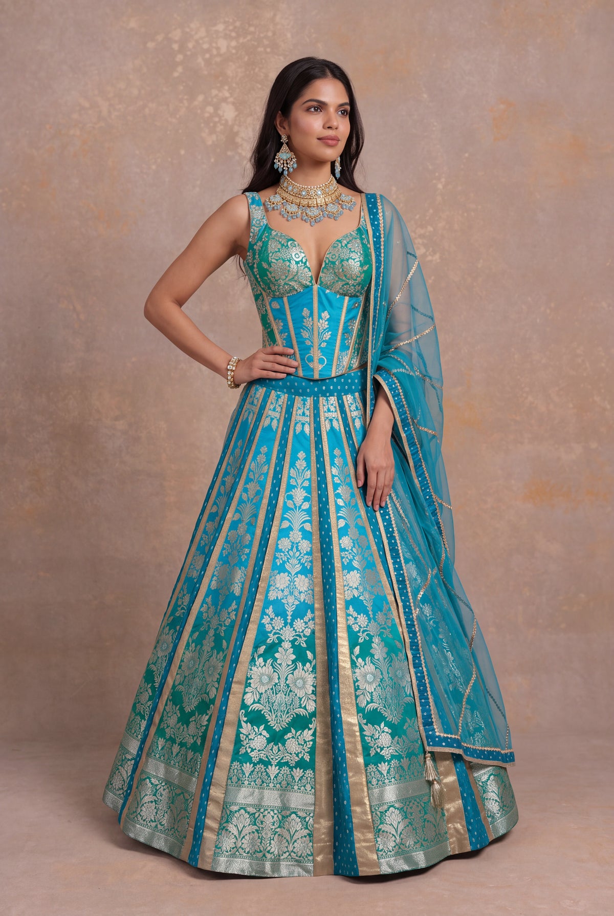 Turquoise Teal Ombre Banarasi Silk Lehenga Set - Mokshaa