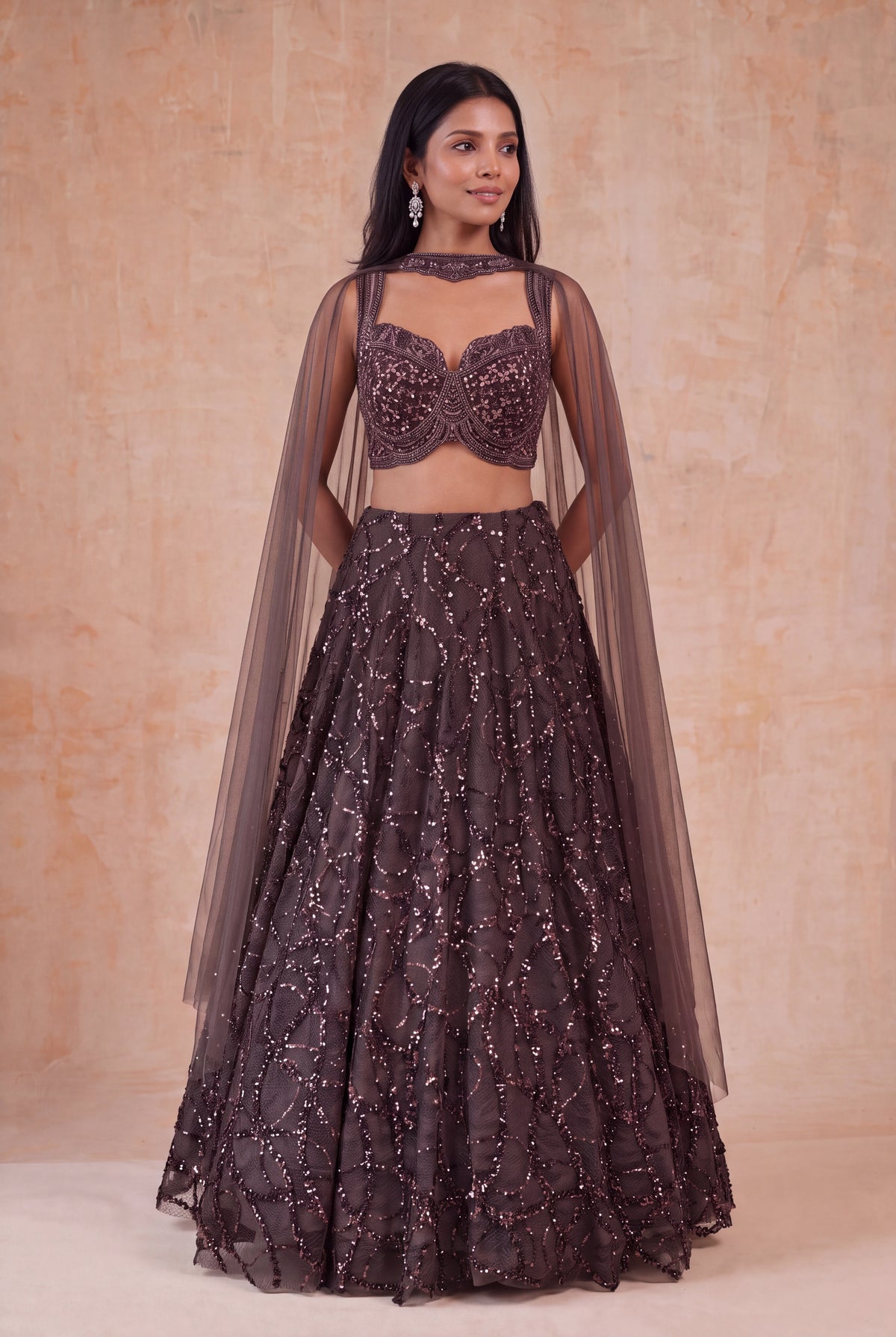 Chocolate Brown Net Lehenga - Mokshaa