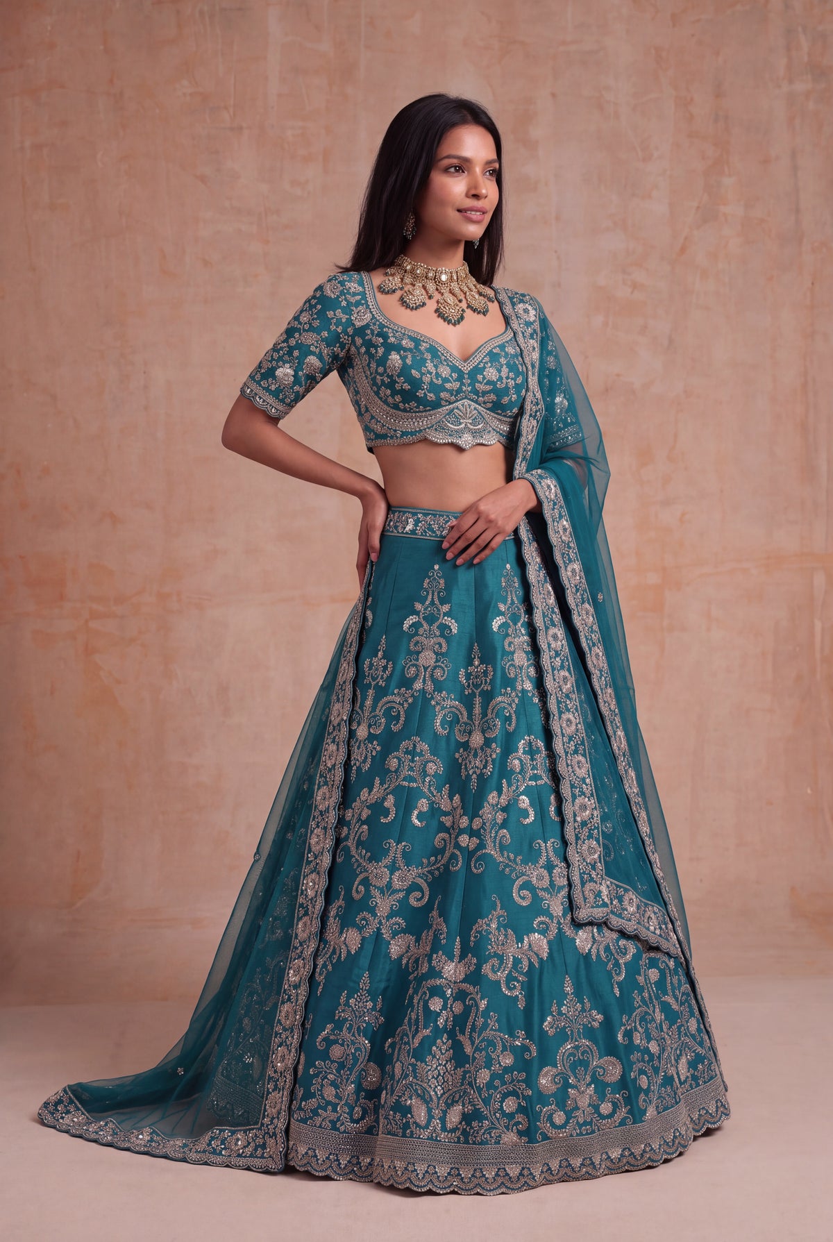 Teal Raw Silk Lehenga - Mokshaa