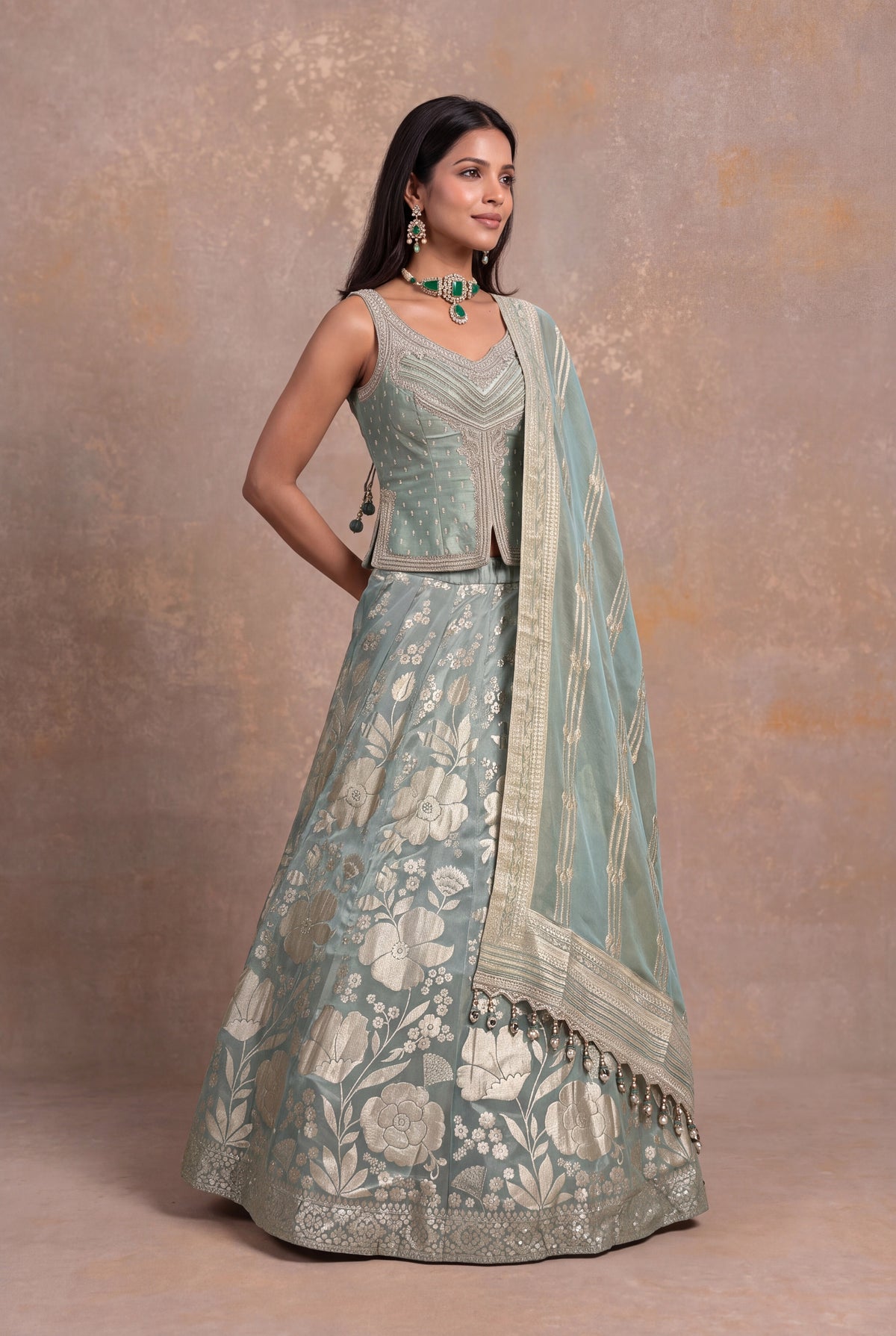 Sage Green Banarasi Tissue Silk Lehenga with Embellished Blouse - Mokshaa