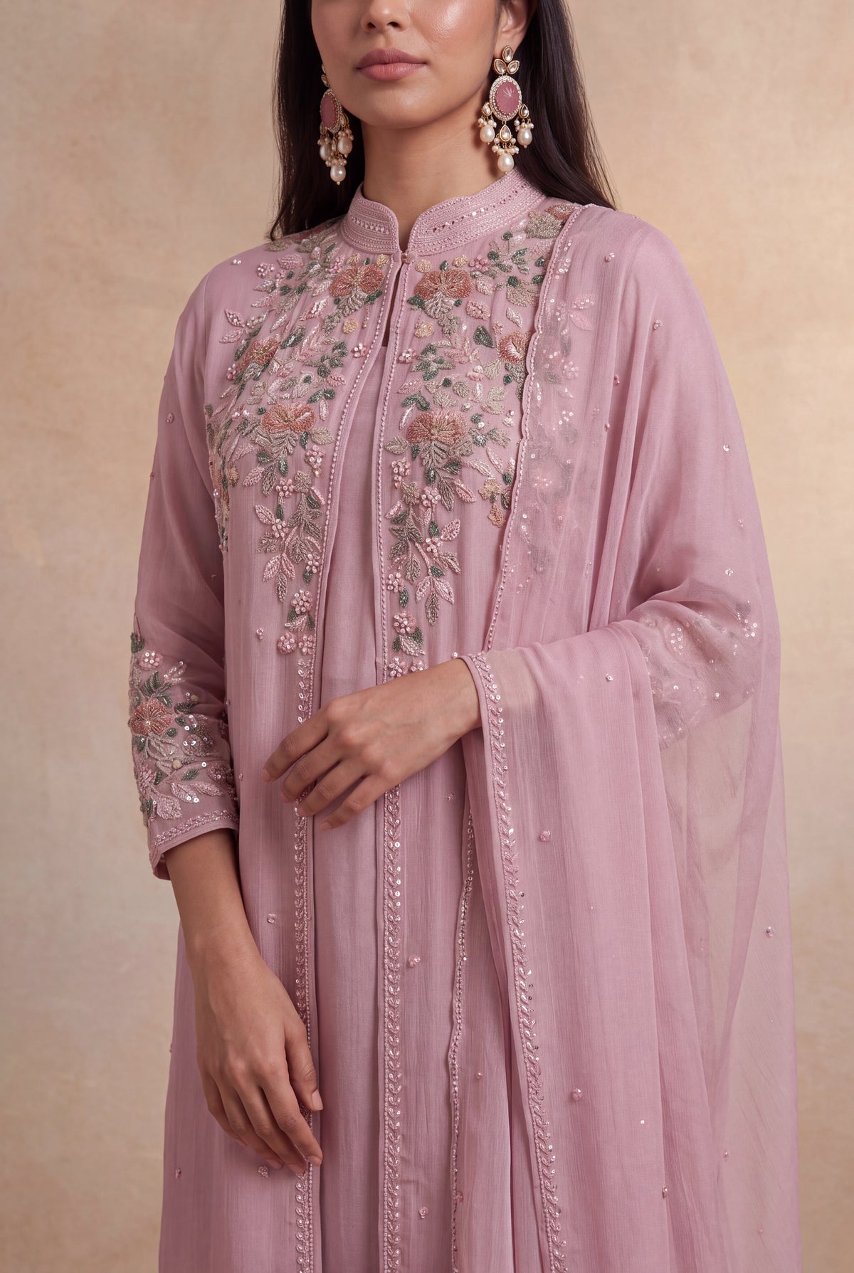 Dusty Pink Crepe Indo-Western Sharara Set - Mokshaa