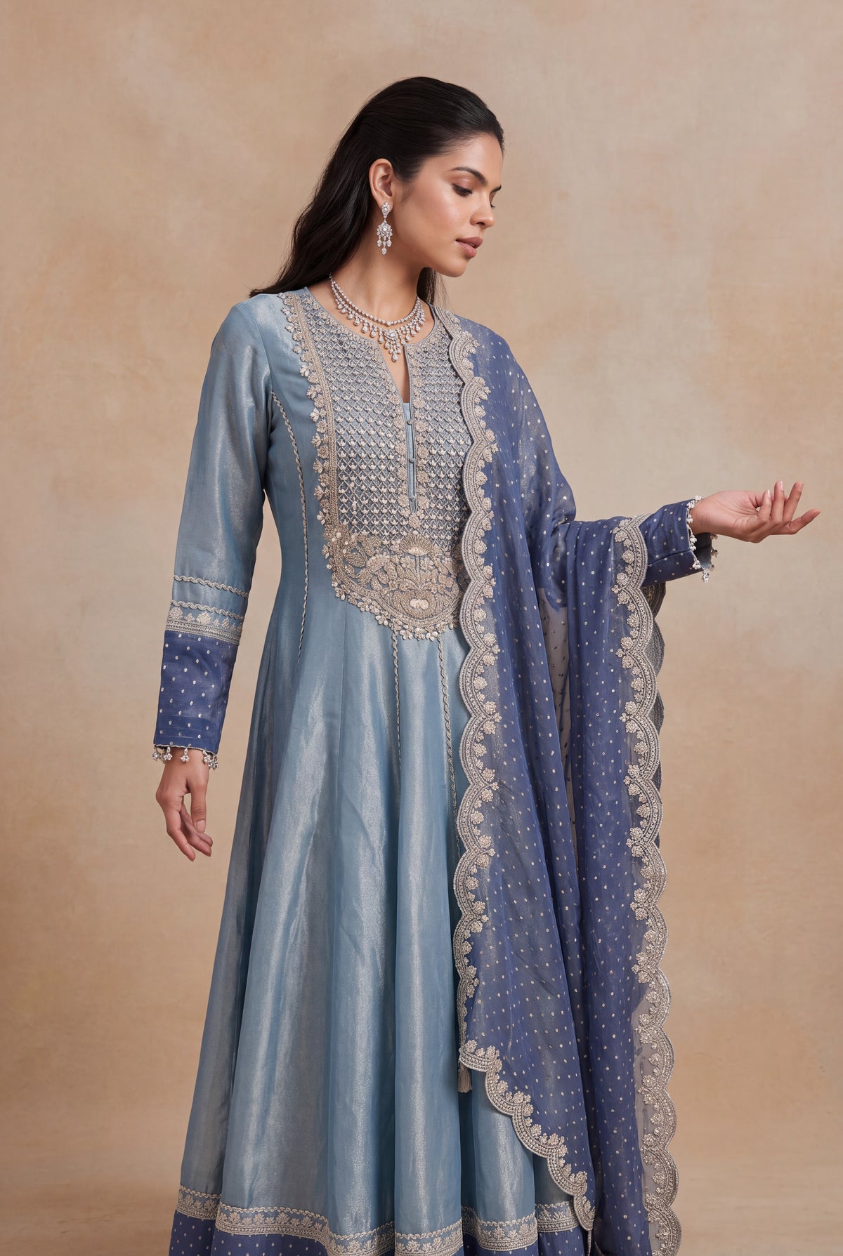 Blue Tissue Anarkali Set - Mokshaa