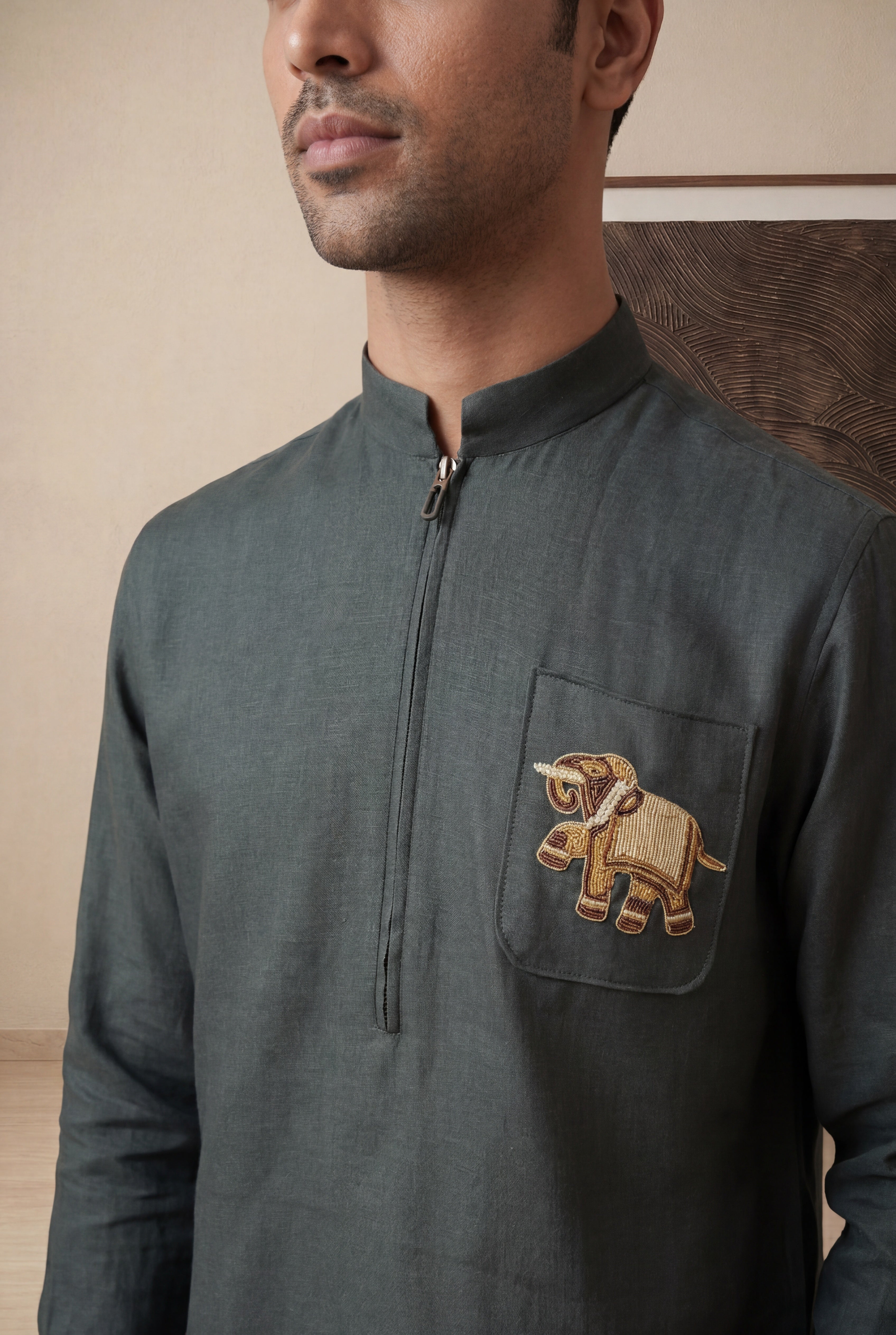 Teal Green Linen Short Kurta with Elephant Embroidery