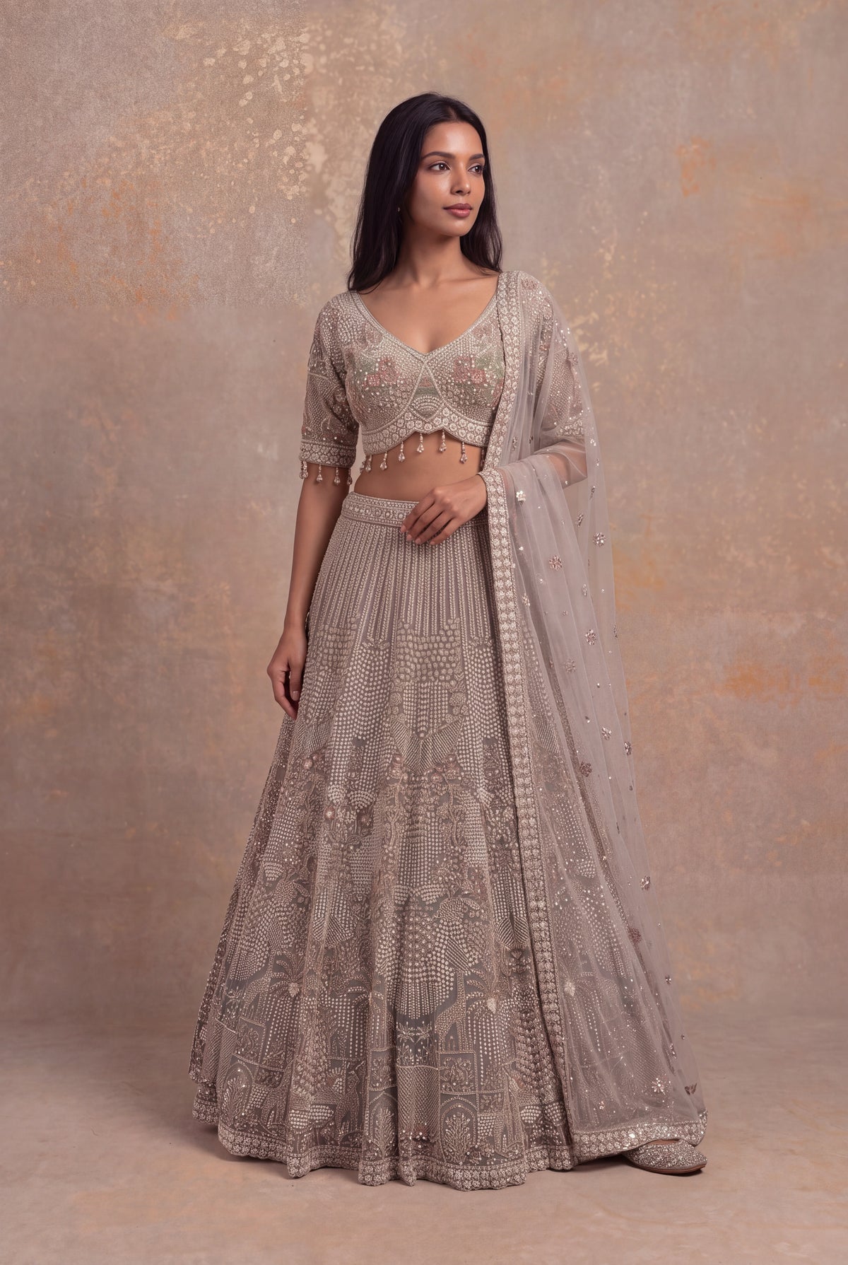 Taupe Net Lehenga - Mokshaa