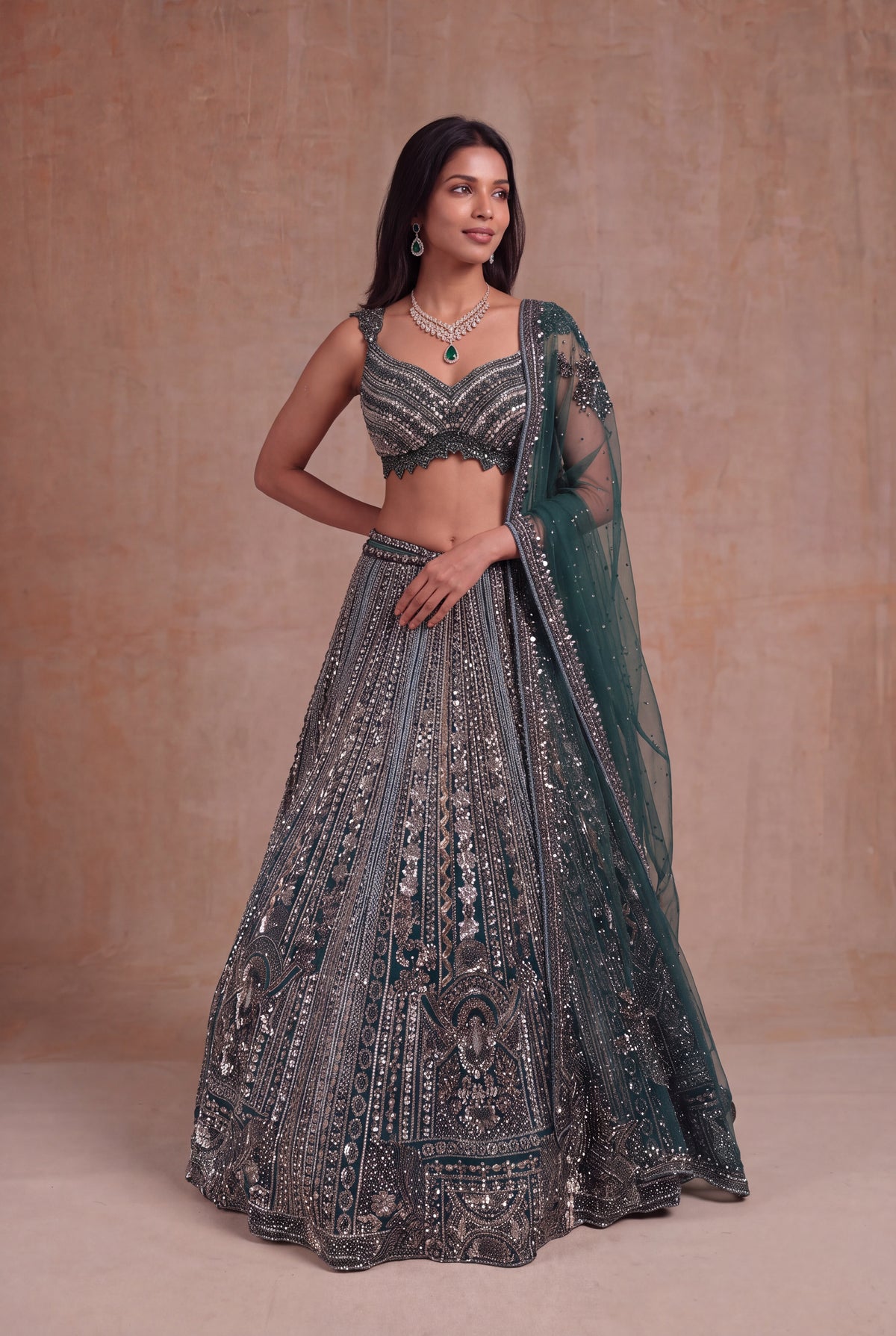 Emerald Green Net Lehenga - Mokshaa