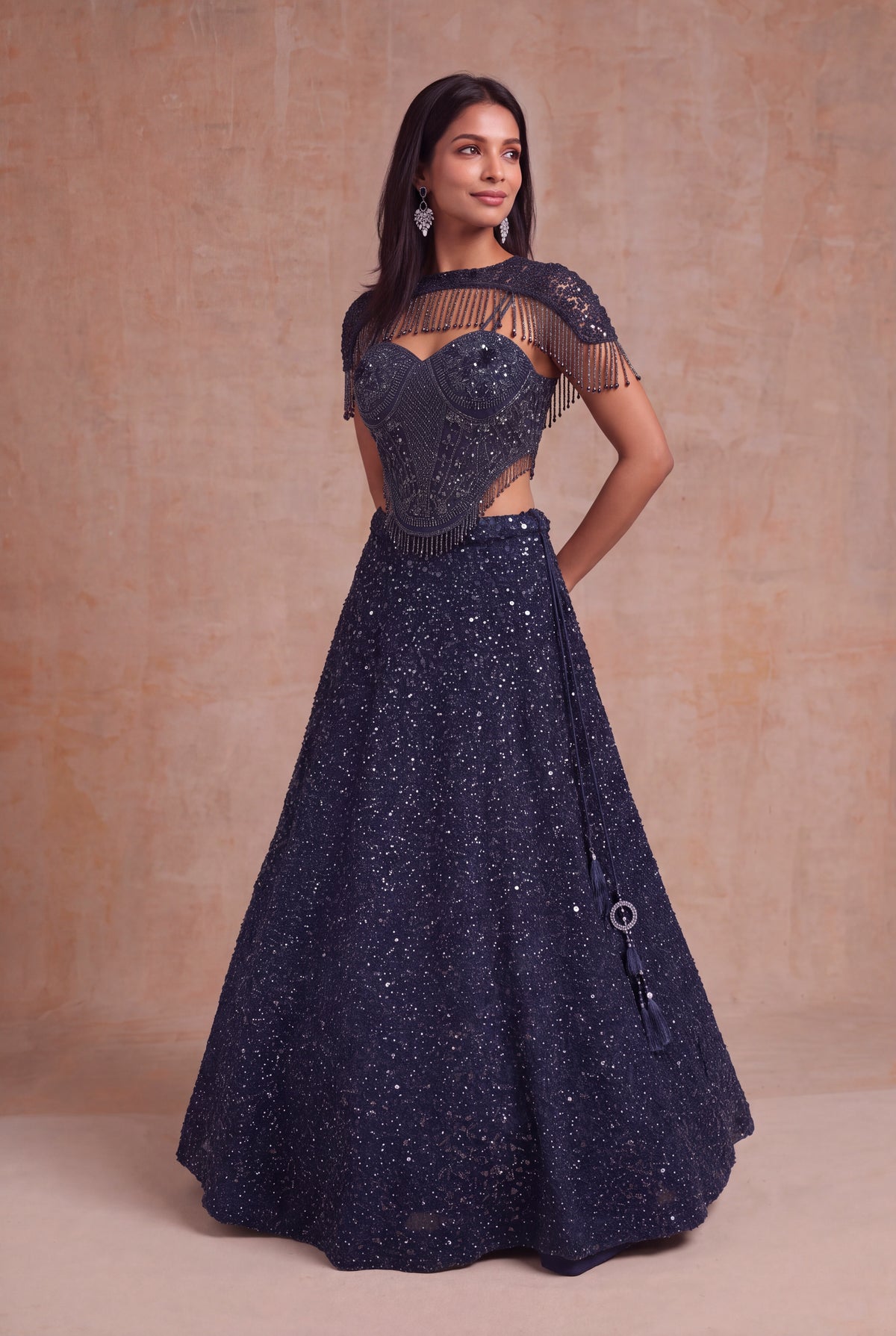 Navy Blue Indo-Western Net Lehenga - Mokshaa