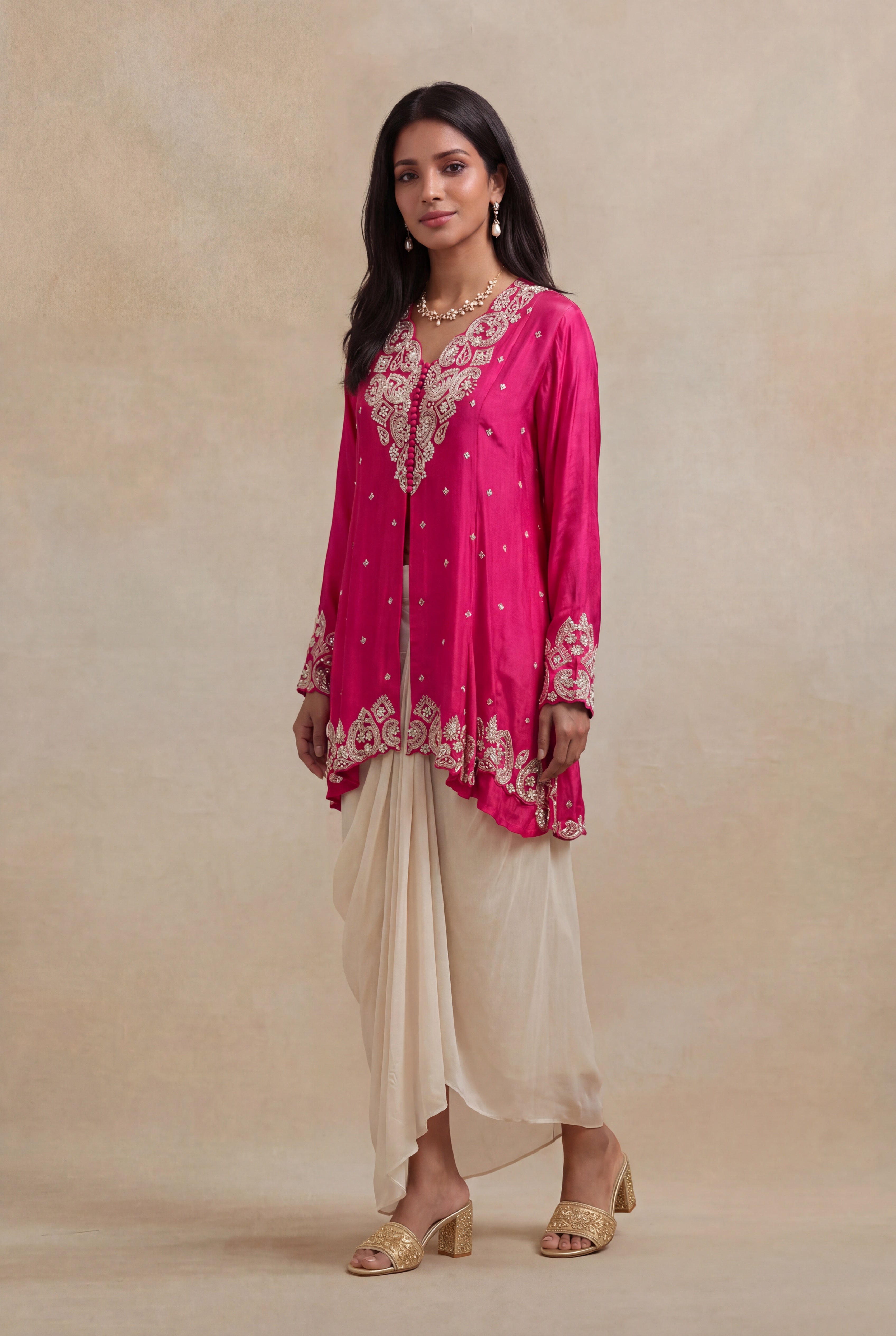 Pink Chinon Georgette Indo-Western Embroidered Draped Set