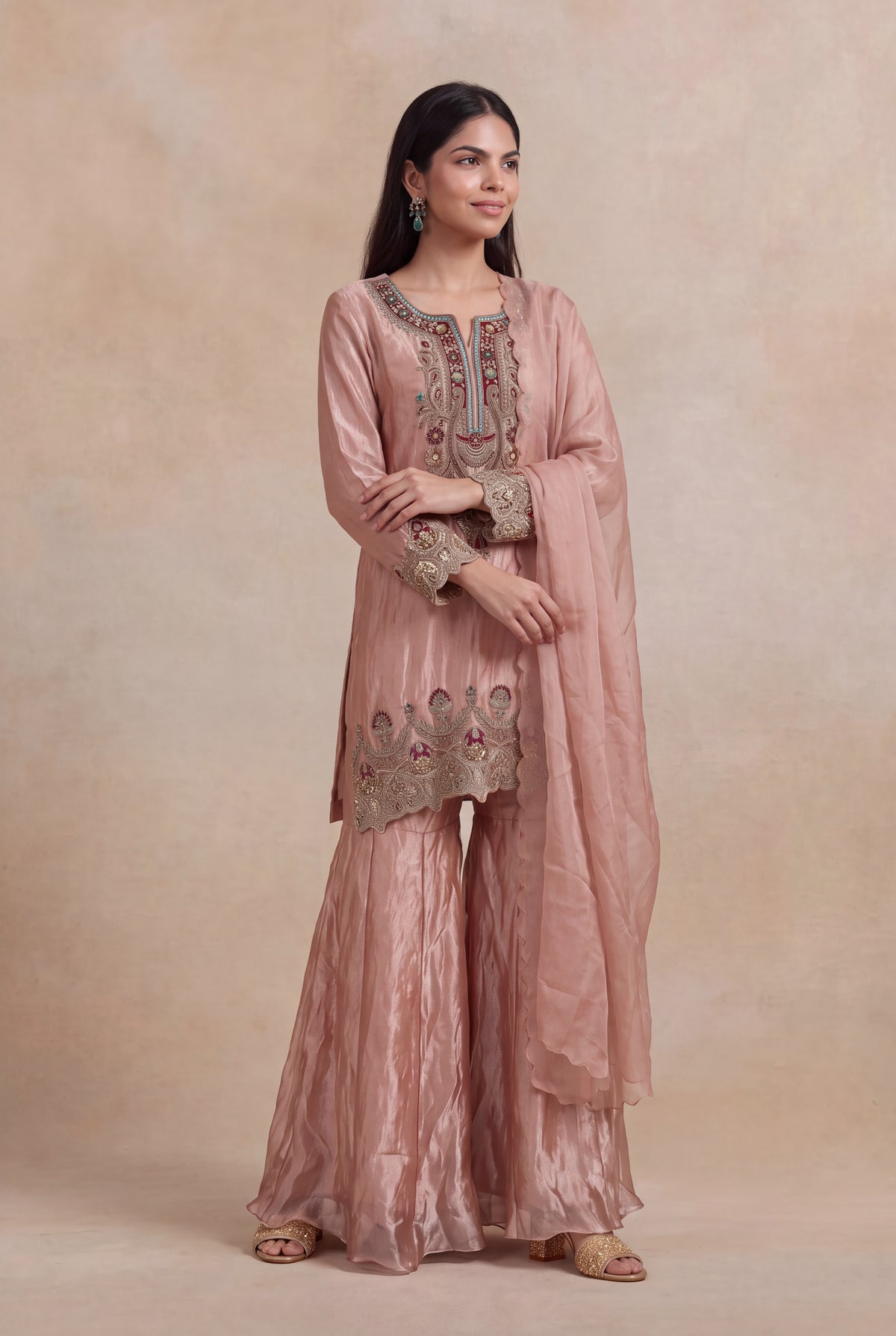 Blush Pink Tissue Sharara Set with Zardosi & Kundan Work - Mokshaa