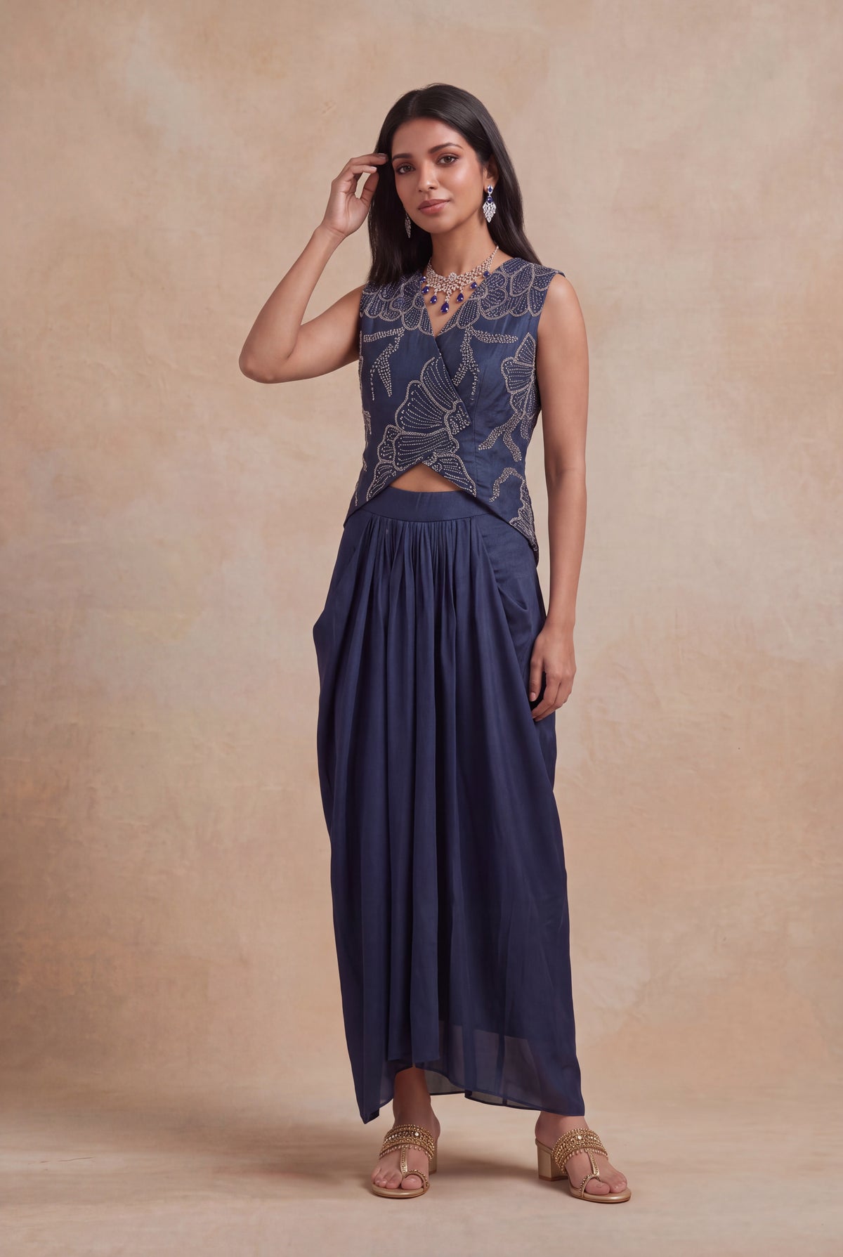 Navy Blue Indo-Western Crop Top & Drape Skirt - Mokshaa