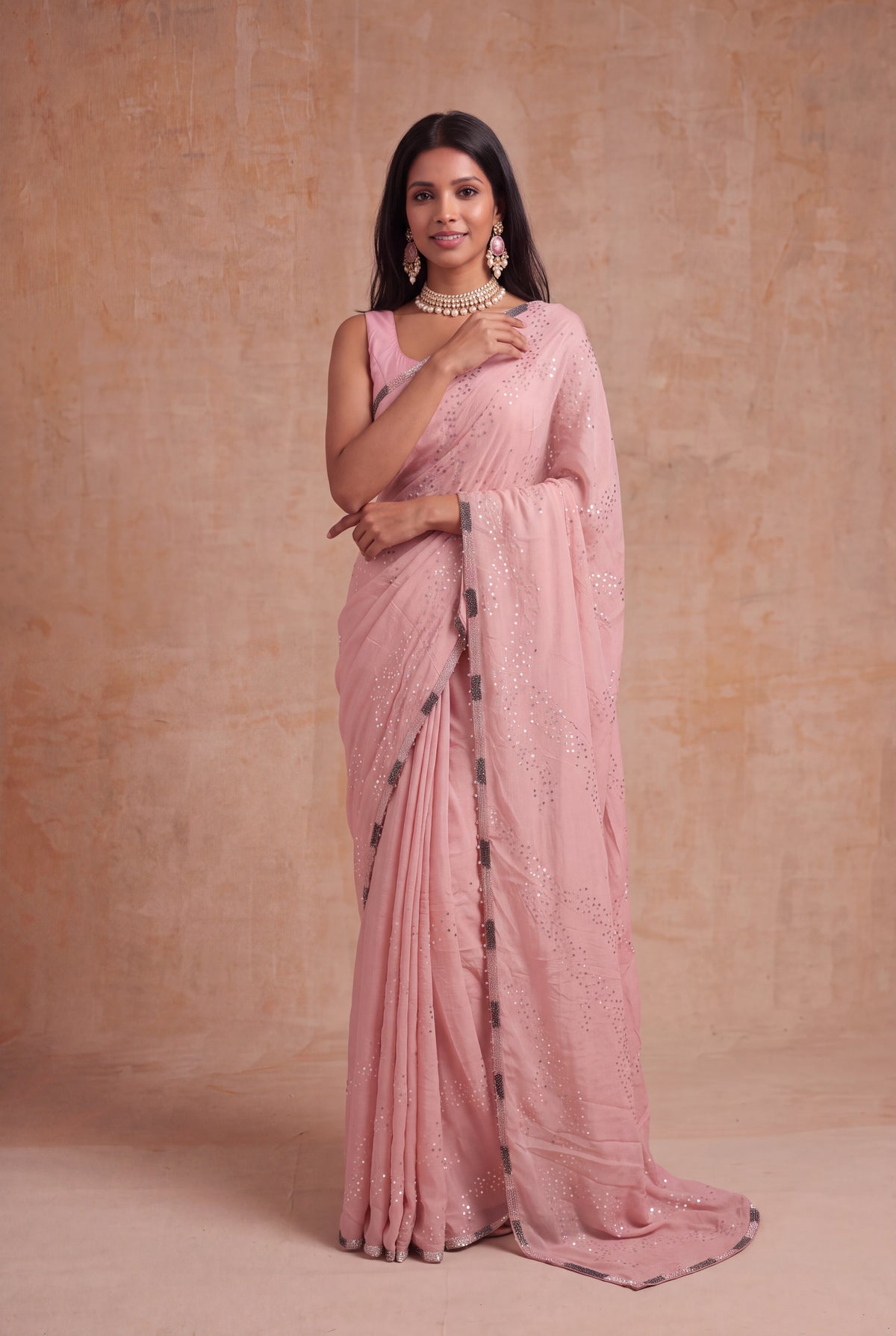 Pink Crush Crepe Saree with Sequin Work - Mokshaa
