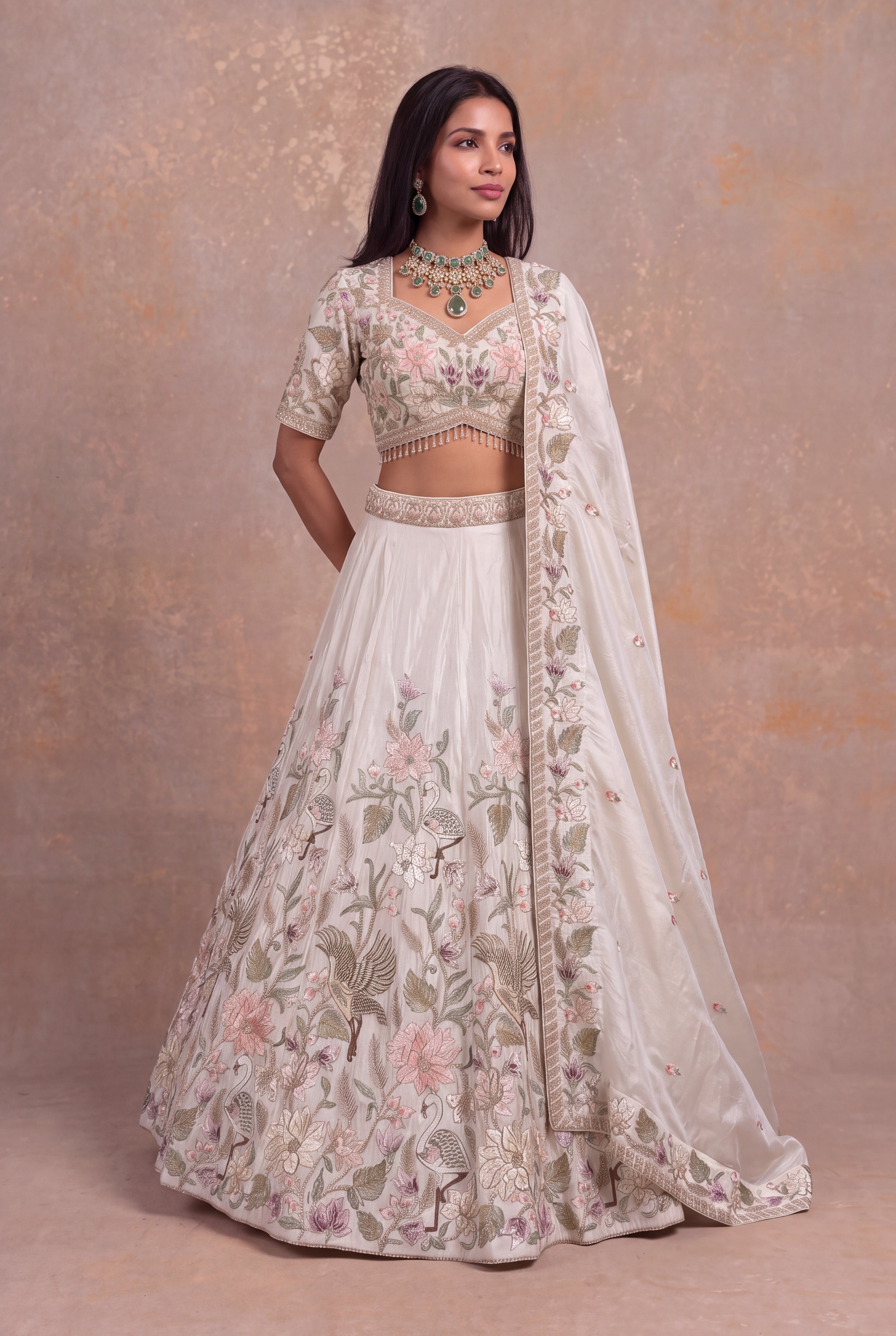 Grey Tissue Lehenga with Bird & Floral Thread Embroidery