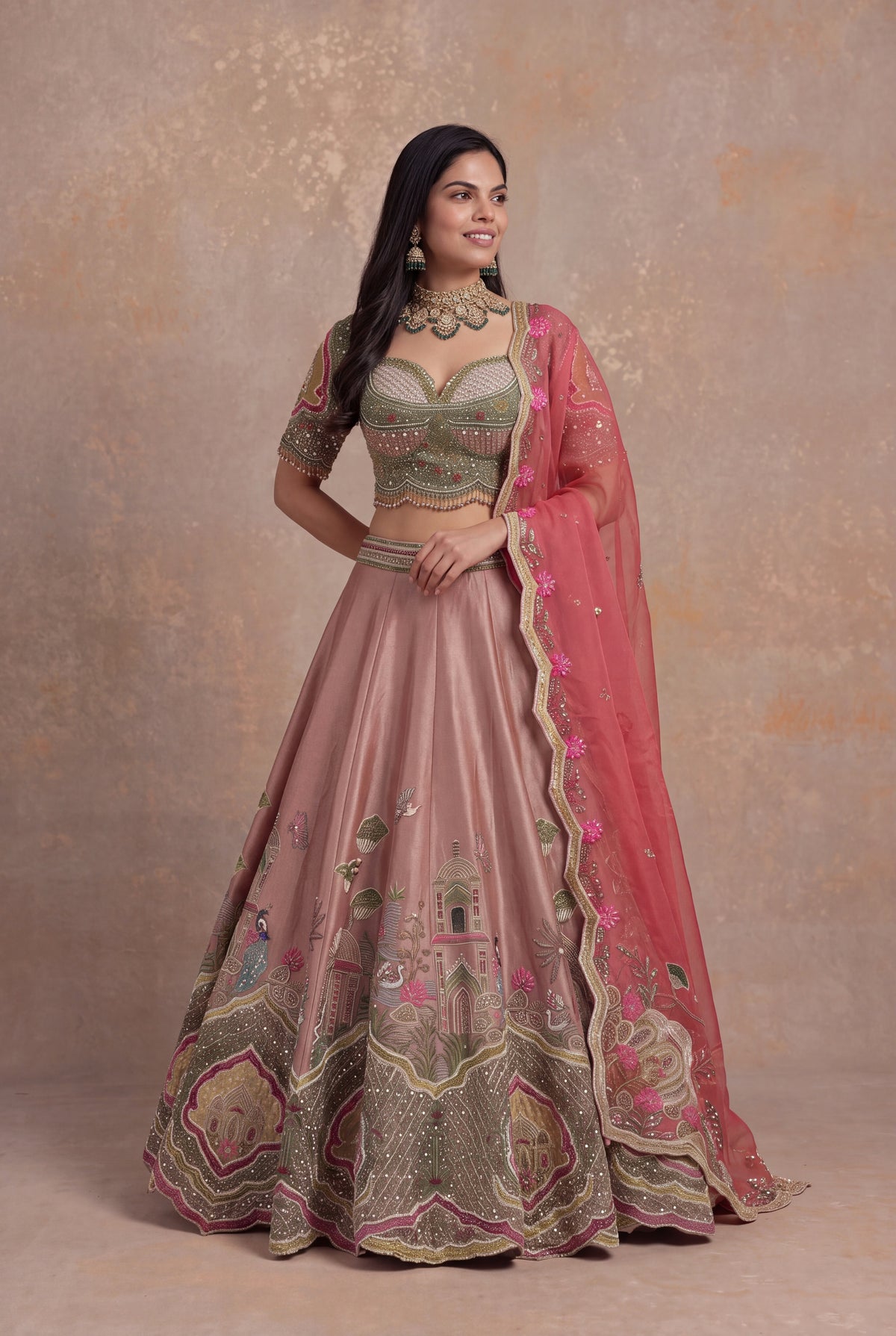 Dusty Rose Tissue Lehenga Set with Velvet Applique - Mokshaa
