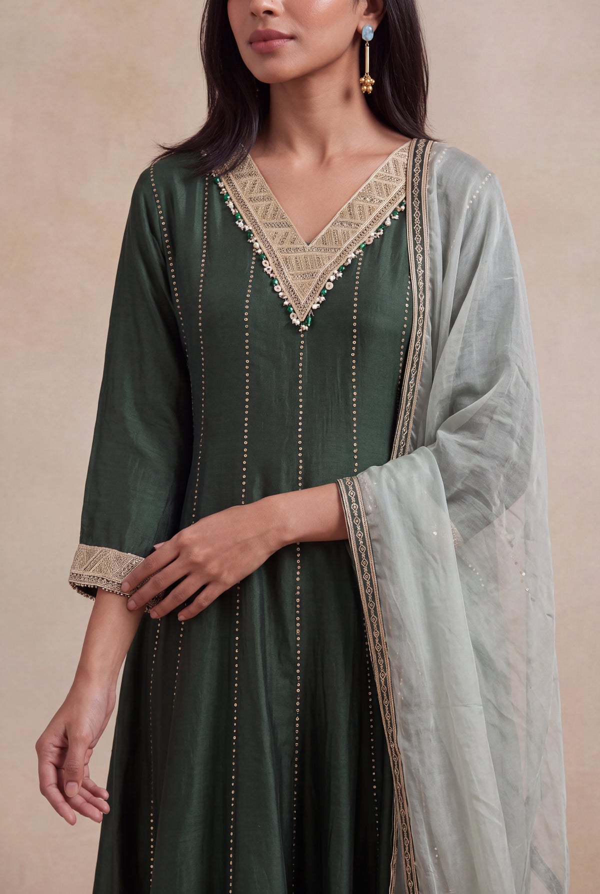 Bottle Green Silk A-Line Salwar Suit with Tissue Dupatta - Mokshaa