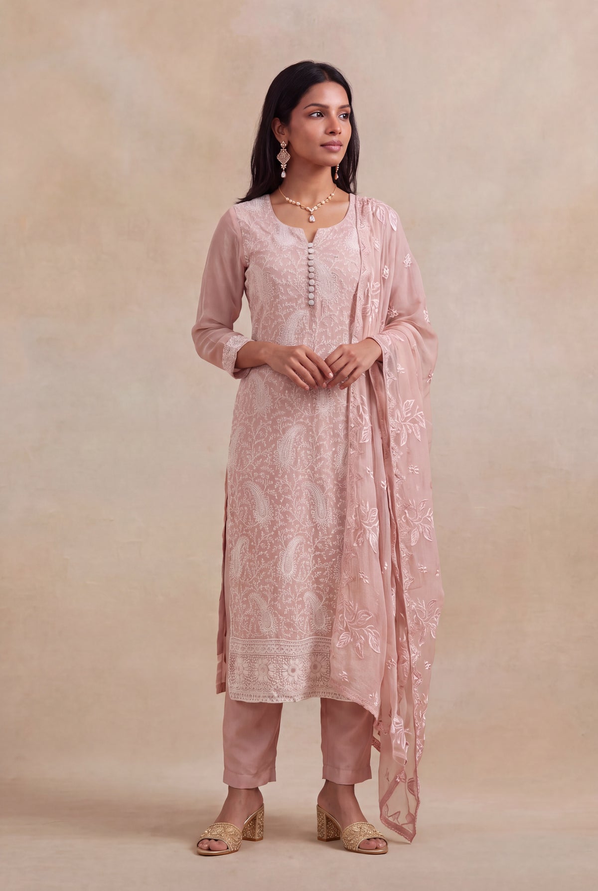 Blush Pink Georgette Straight-Cut Salwar Suit - Mokshaa
