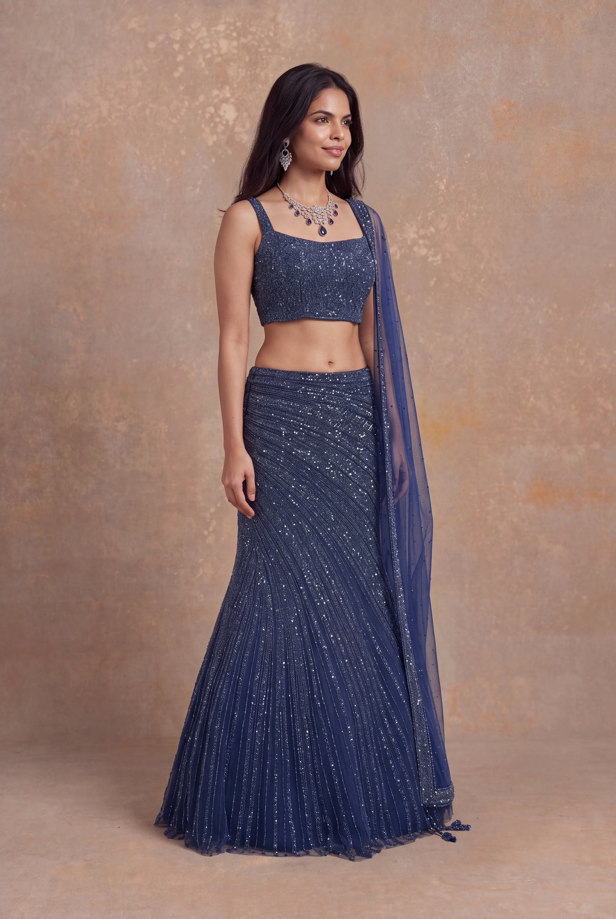 Navy Blue Fish Cut Net Lehenga - Mokshaa